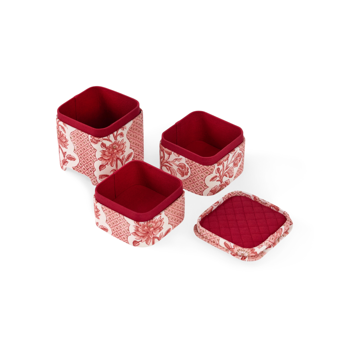 Garnet Red Blooming Trellis – Hand Block Printed Organizer Set (4" × 4" × 8" | Set of 3)