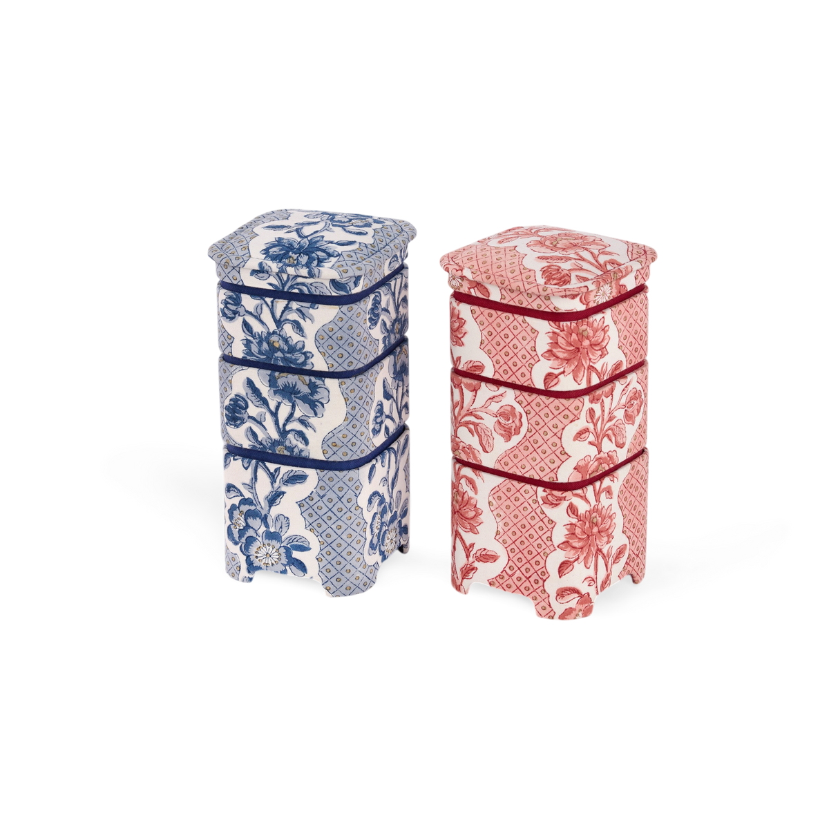 Harbor Blue Blooming Trellis – Hand Block Printed Organizer Set (4" × 4" × 8" | Set of 3)