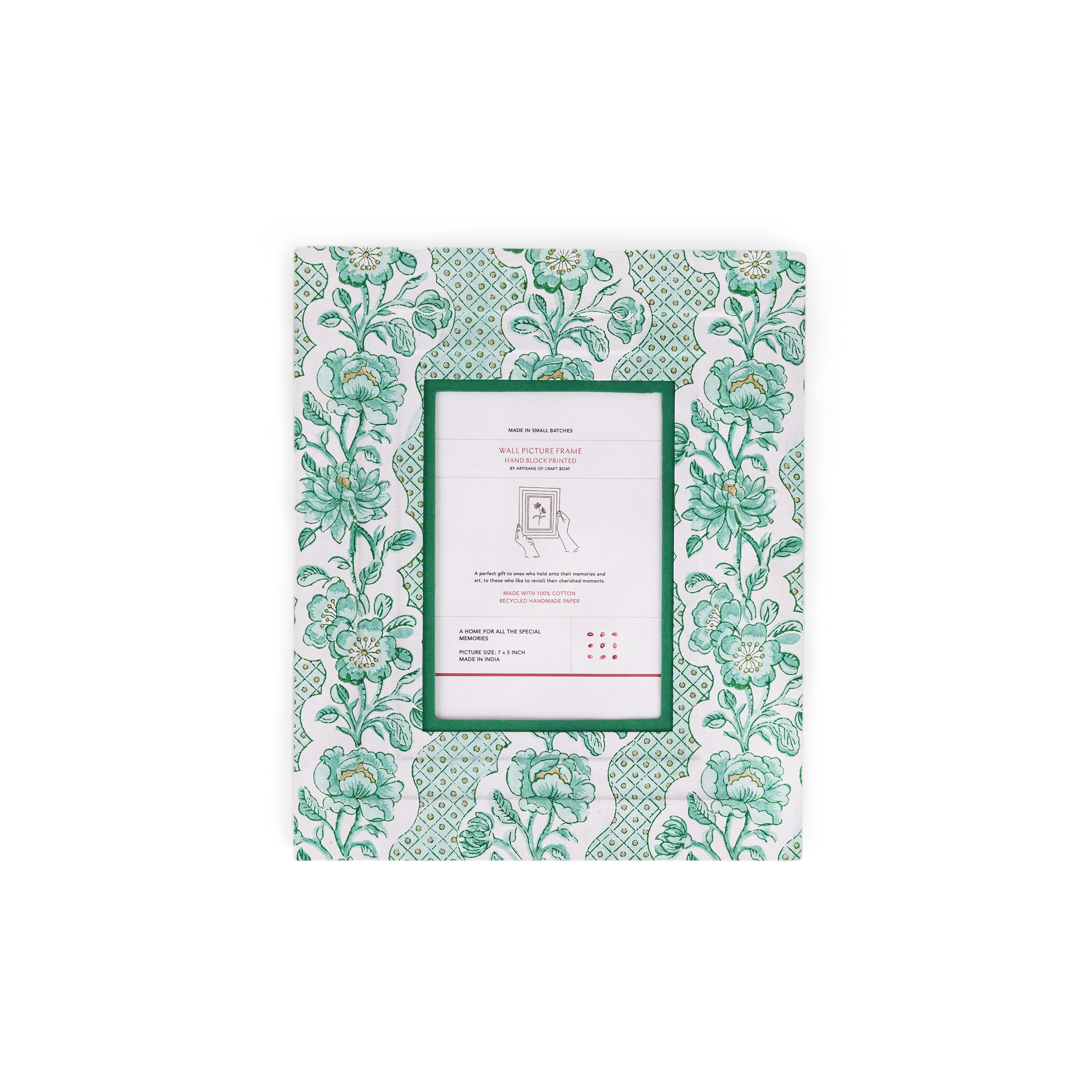 Celadon Green Blooming Trellis – Hand Block Printed Wall Picture Frame (12" x 10", fits 7" x 5" photo)