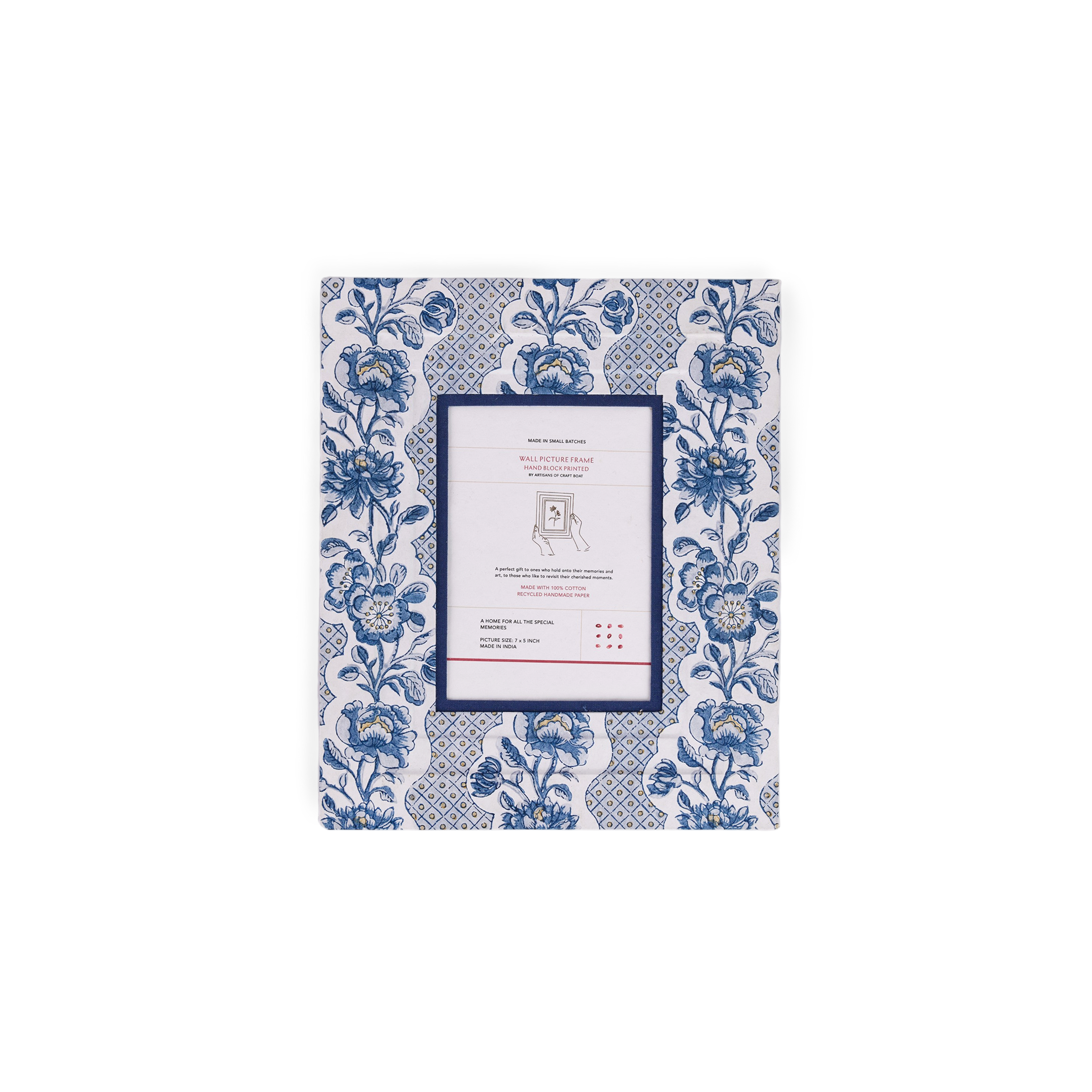 Harbor Blue Blooming Trellis – Hand Block Printed Wall Picture Frame (12" x 10", fits 7" x 5" photo)