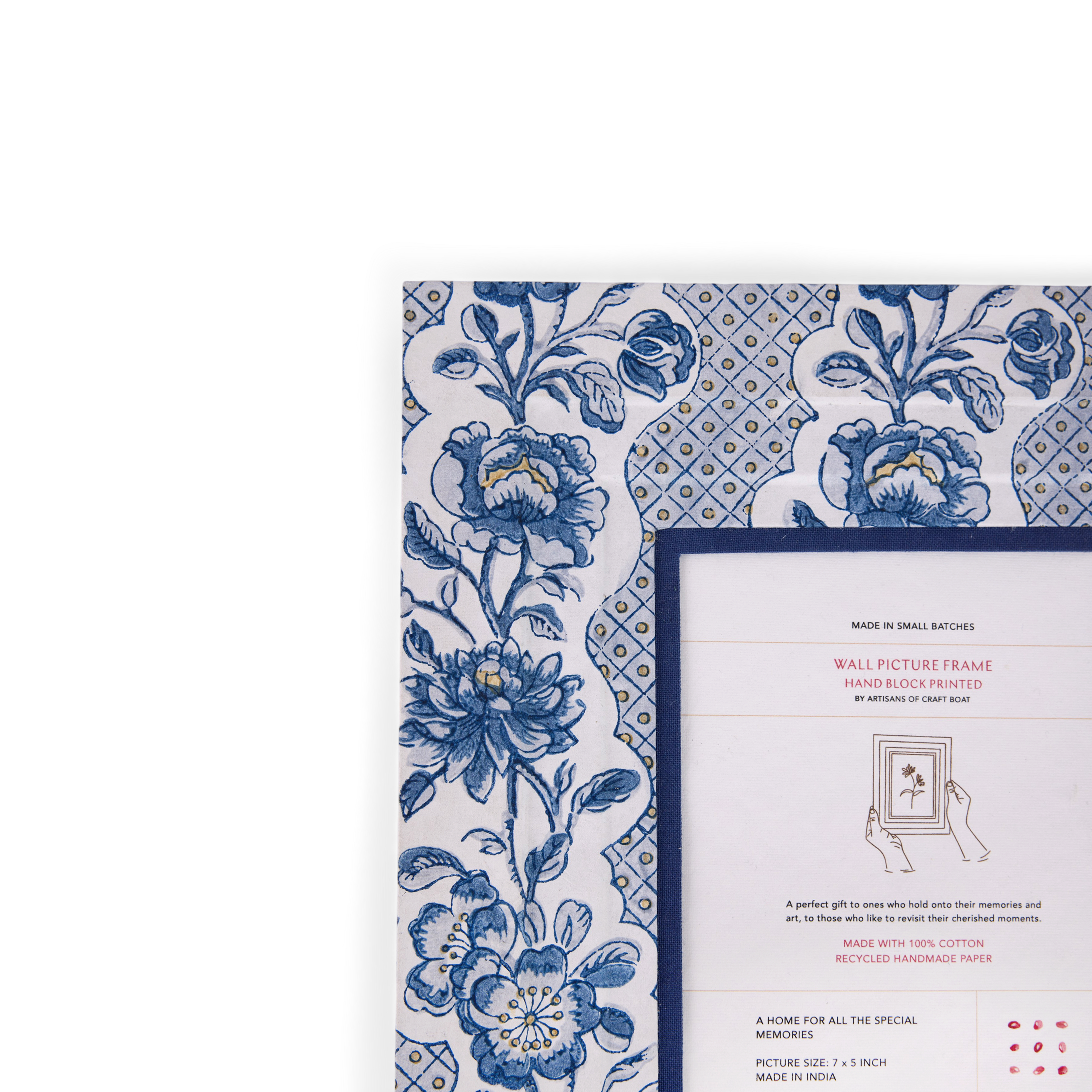 Harbor Blue Blooming Trellis – Hand Block Printed Wall Picture Frame (12" x 10", fits 7" x 5" photo)