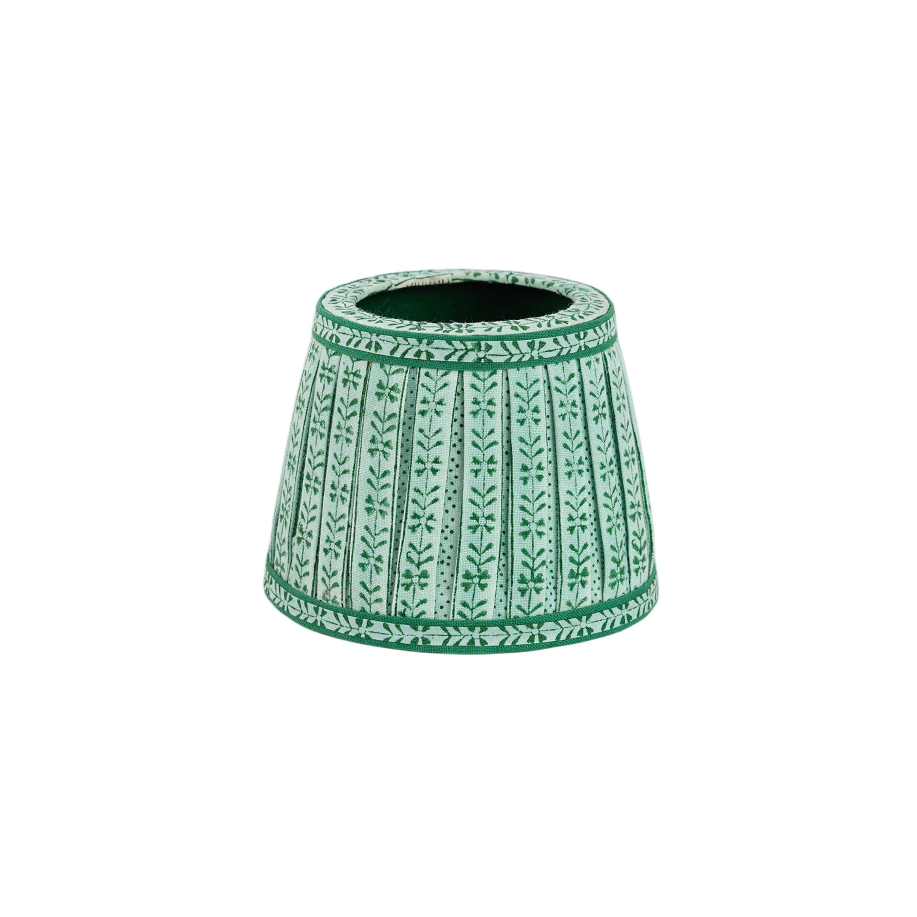 Celadon Green Floral Stripe – Hand Block Printed Lampshade Cover (3.75" H x 4.5" W x 3.5" Ø | 100% Cotton Fabric)
