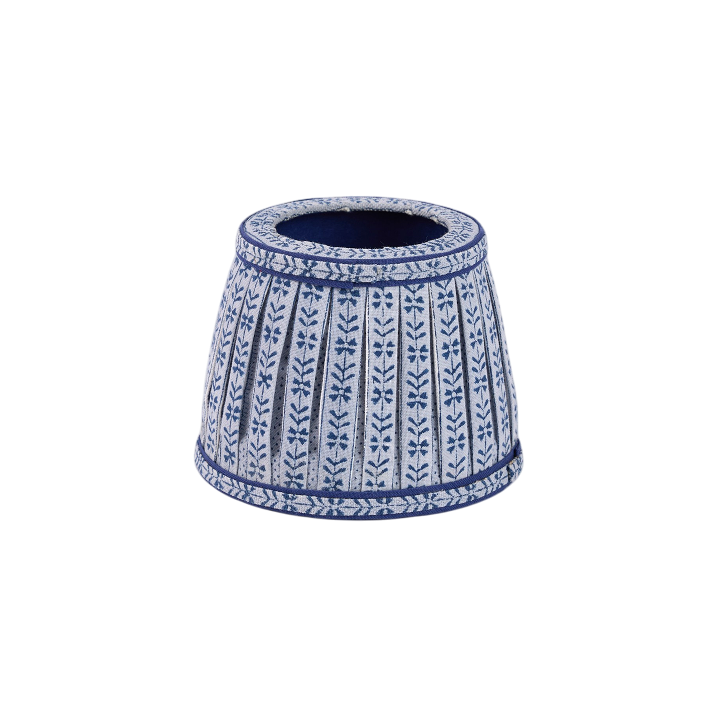 Harbor Blue Floral Stripe – Hand Block Printed Lampshade Cover (3.75" H x 4.5" W x 3.5" Ø | 100% Cotton Fabric)