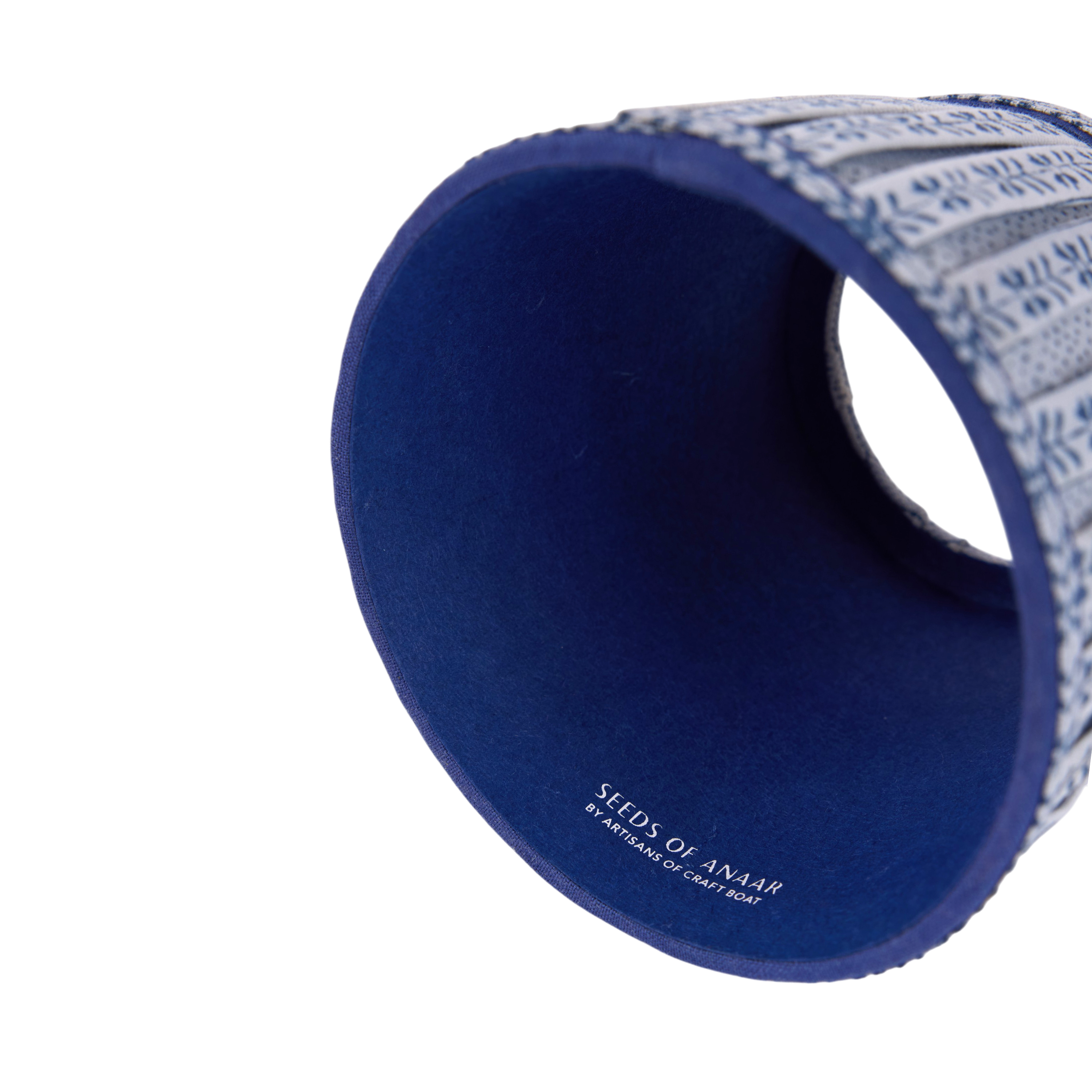 Harbor Blue Floral Stripe – Hand Block Printed Lampshade Cover (3.75" H x 4.5" W x 3.5" Ø | 100% Cotton Fabric)