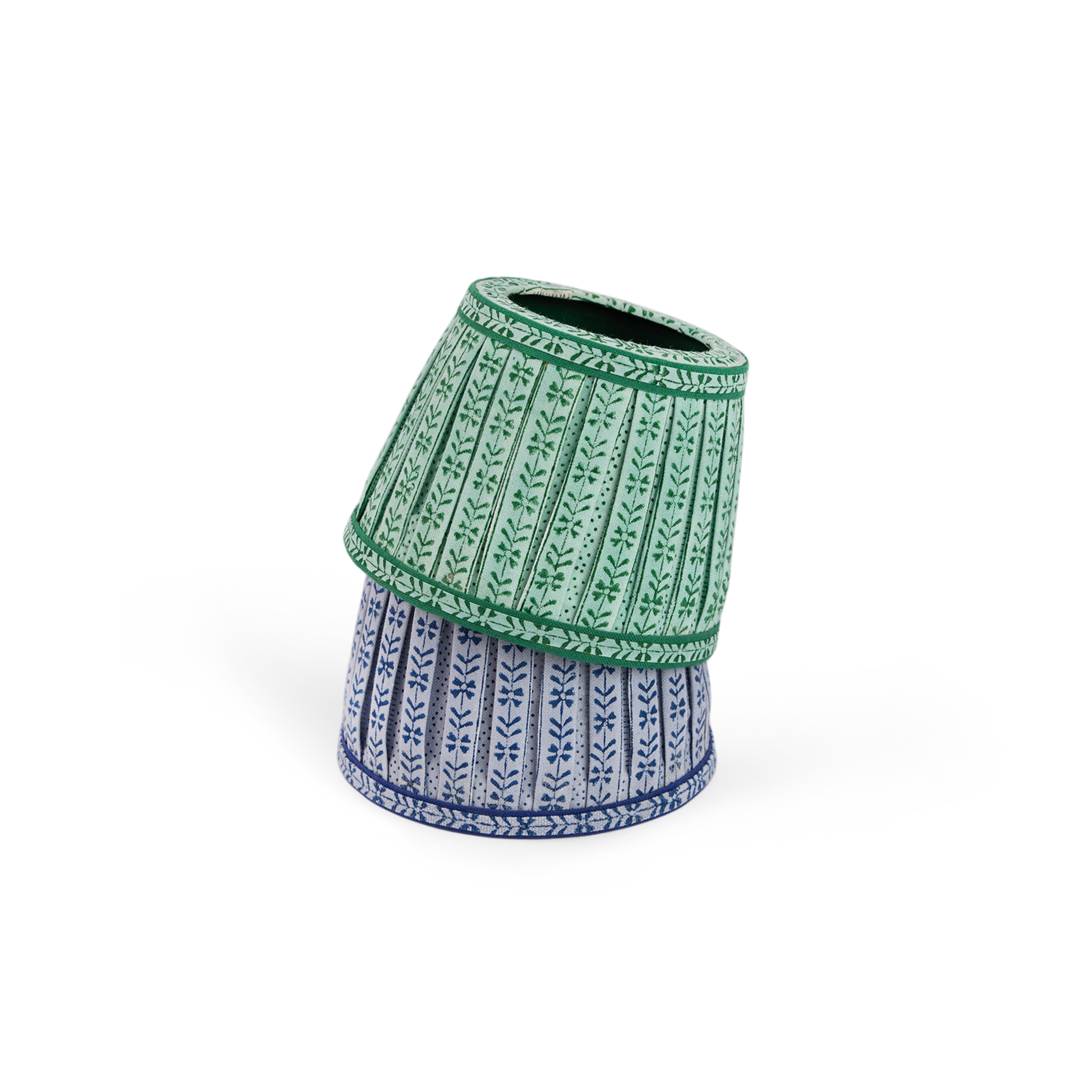 Celadon Green Floral Stripe – Hand Block Printed Lampshade Cover (3.75" H x 4.5" W x 3.5" Ø | 100% Cotton Fabric)