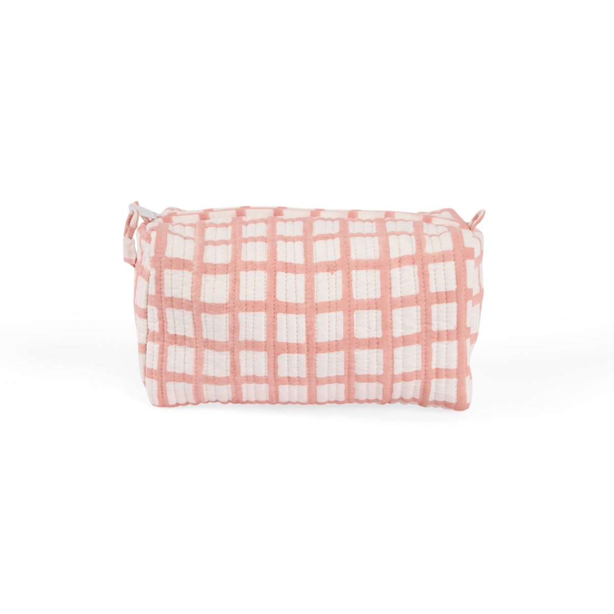Pink Graph Checks – Hand Block Printed Quilted Beauty Bag (Medium – 8.5" x 4" x 3.5")
