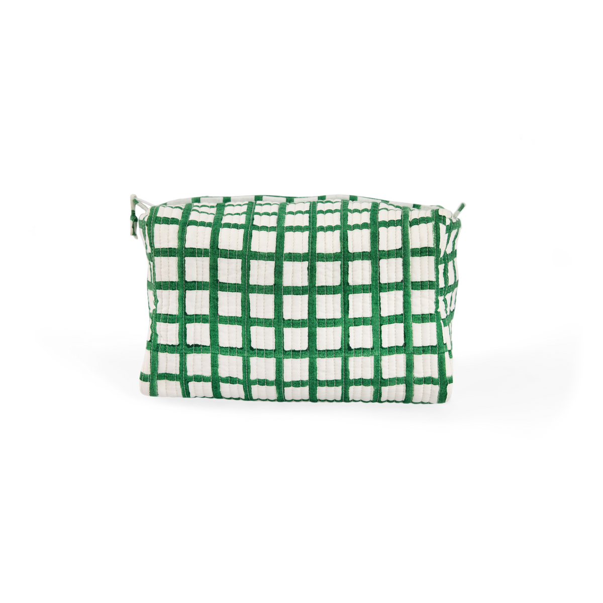 Celadon Green Graph Checks – Hand Block Printed Quilted Beauty Bag (Large – 9.5" x 5" x 4")