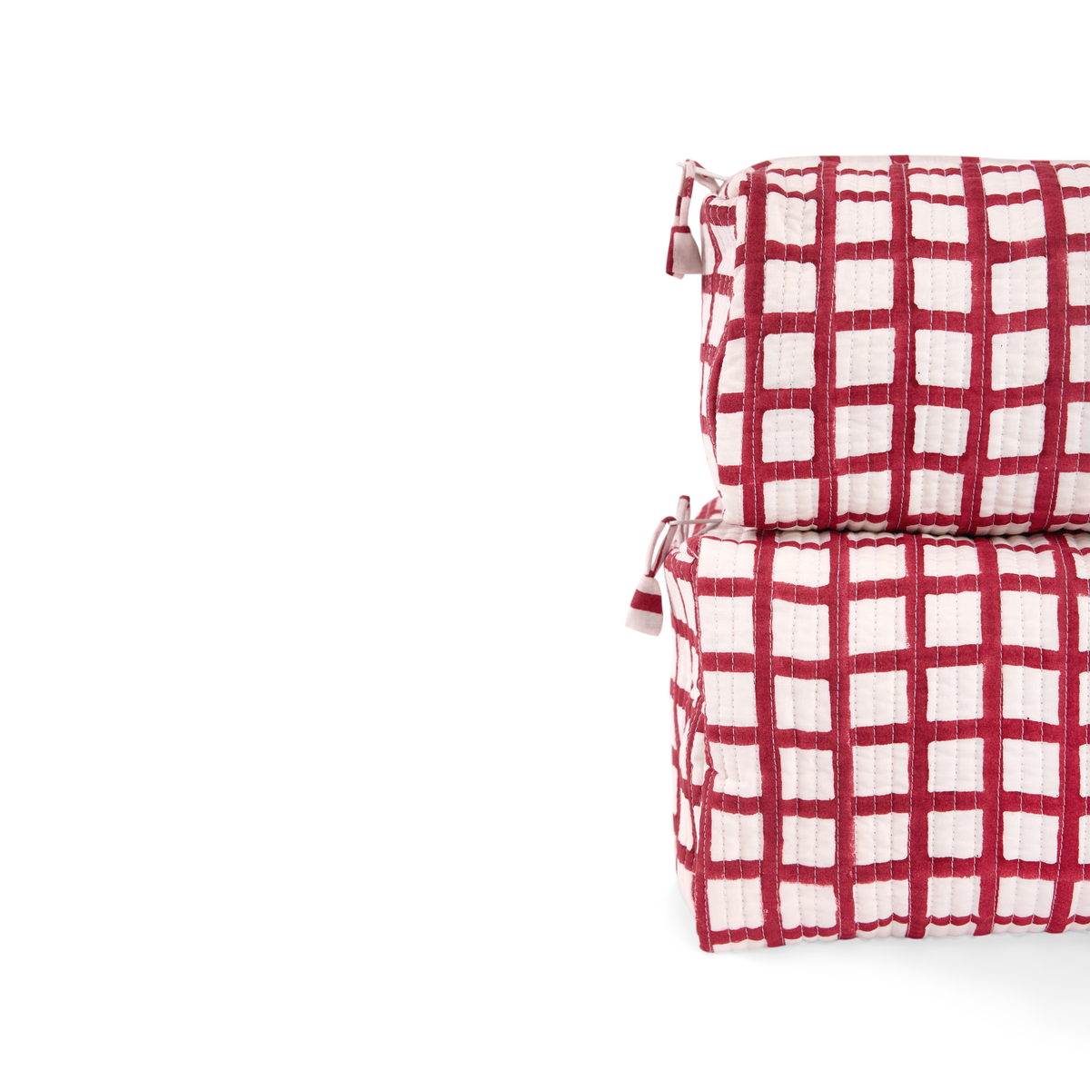 Garnet Red Graph Checks – Hand Block Printed Quilted Beauty Bag (Medium – 8.5" x 4" x 3.5")