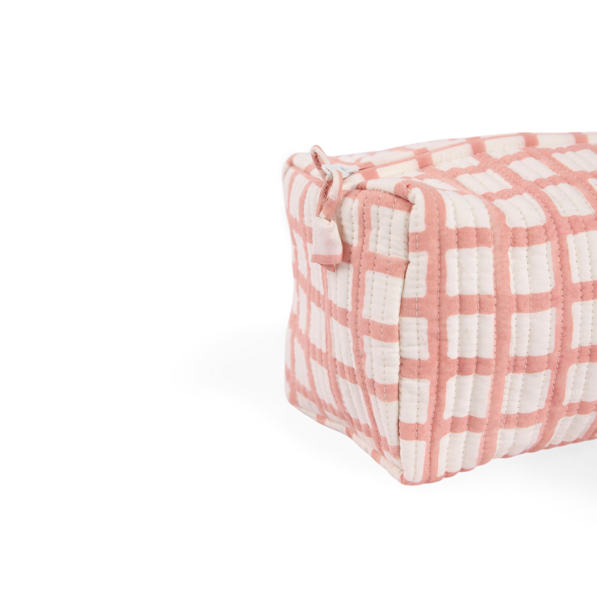 Pink Graph Checks – Hand Block Printed Quilted Beauty Bag (Medium – 8.5" x 4" x 3.5")
