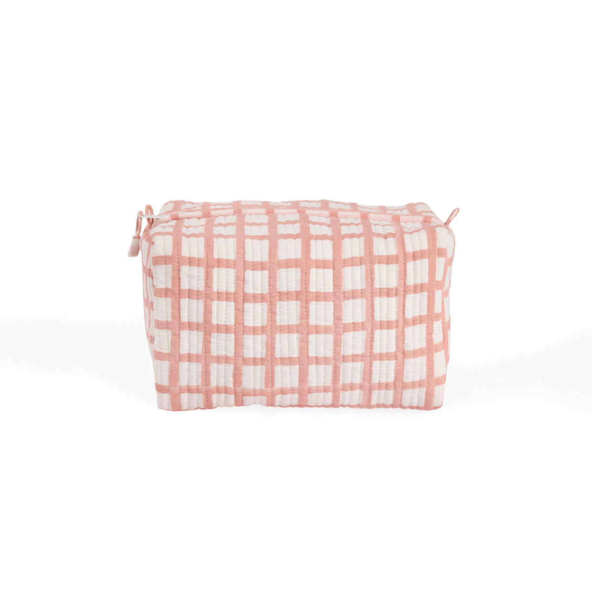 Pink Graph Checks – Hand Block Printed Quilted Beauty Bag (Large – 9.5" x 5" x 4")
