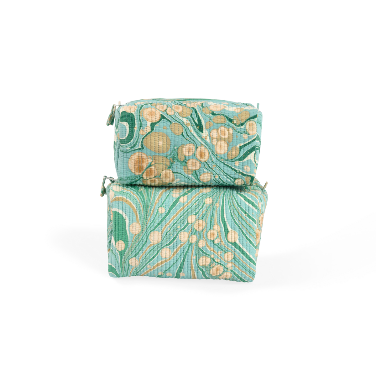 Celadon Green Fire Whirl – Hand Marbled Quilted Beauty Bag (Large – 9.5" x 5" x 4")