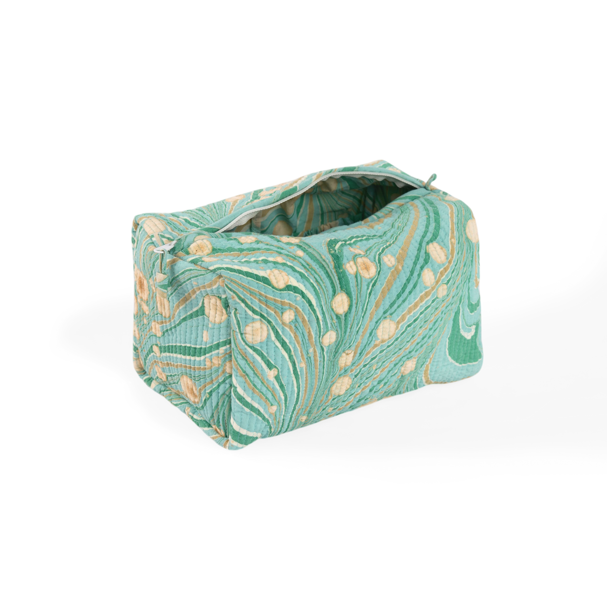 Celadon Green Fire Whirl – Hand Marbled Quilted Beauty Bag (Large – 9.5" x 5" x 4")