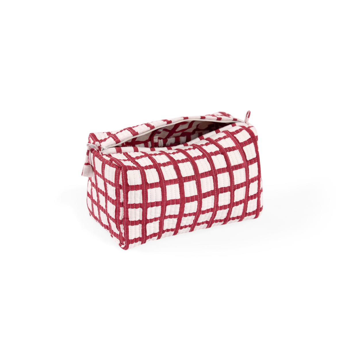 Garnet Red Graph Checks – Hand Block Printed Quilted Beauty Bag (Medium – 8.5" x 4" x 3.5")