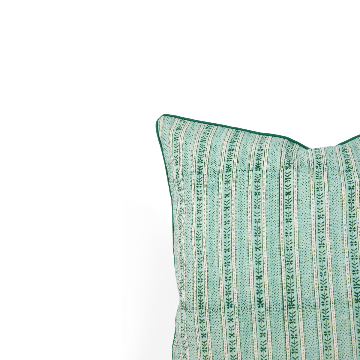 Celadon Green Floral Stripe – Hand Block Printed Cotton Pillow Cover (20" x 20")