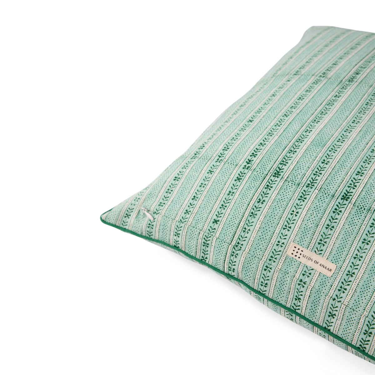 Celadon Green Floral Stripe – Hand Block Printed Cotton Pillow Cover (20" x 20")