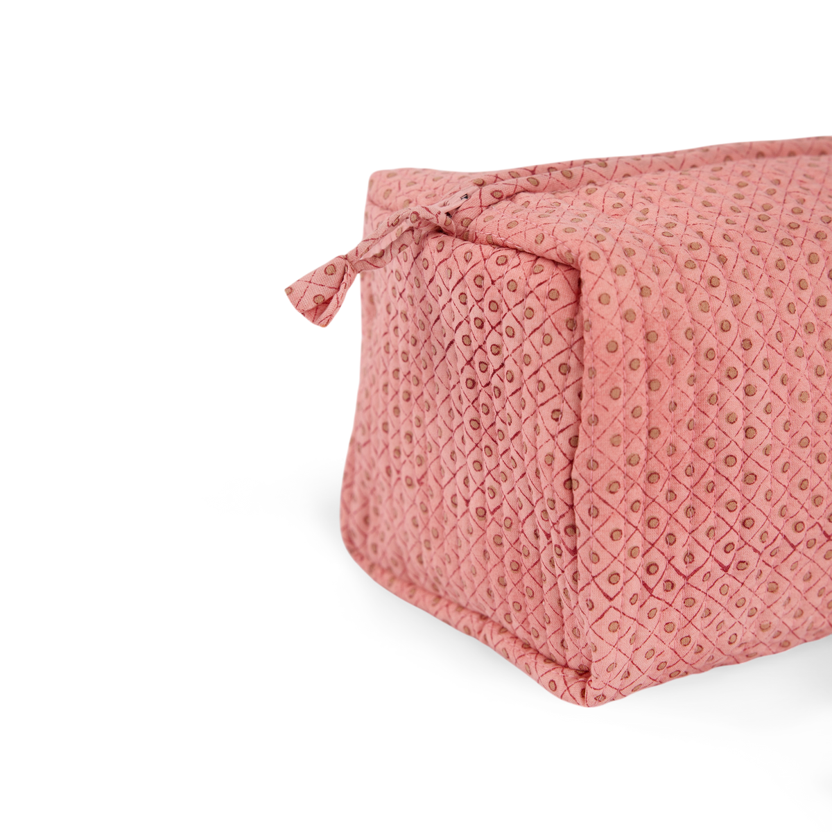 Garnet Red Dot & Grid – Hand Block Printed Quilted Beauty Bag (Medium – 8.5" x 4" x 3.5")