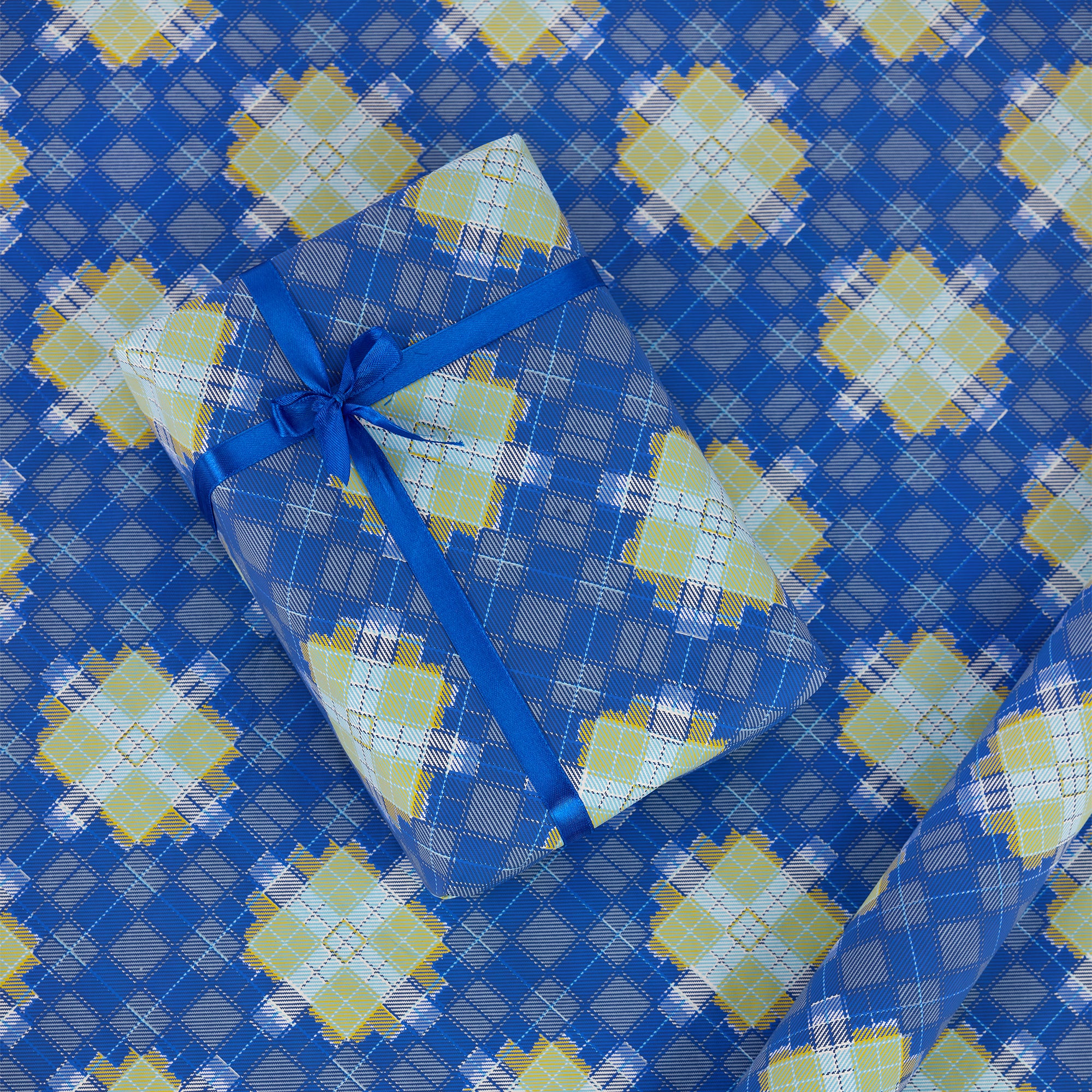 Harbor Blue Plaid – Hand Printed Wrapping Paper Sheet ( 21" x 29" | 100% Recycled Cotton Paper)