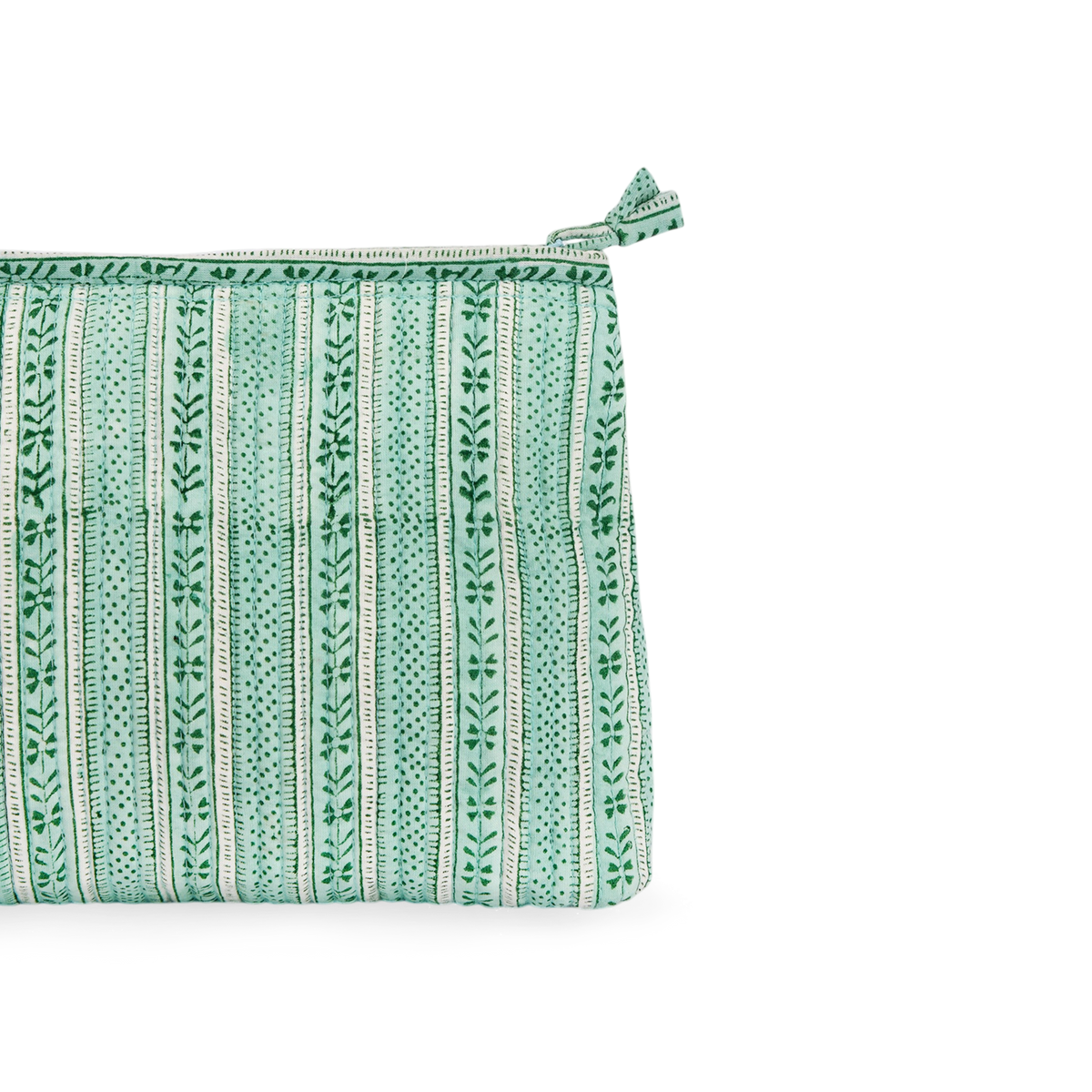 Celadon Green Floral Stripe – Hand Block Printed Quilted Cotton Pouch  (Large – 9.5" x 6.5" x 3")