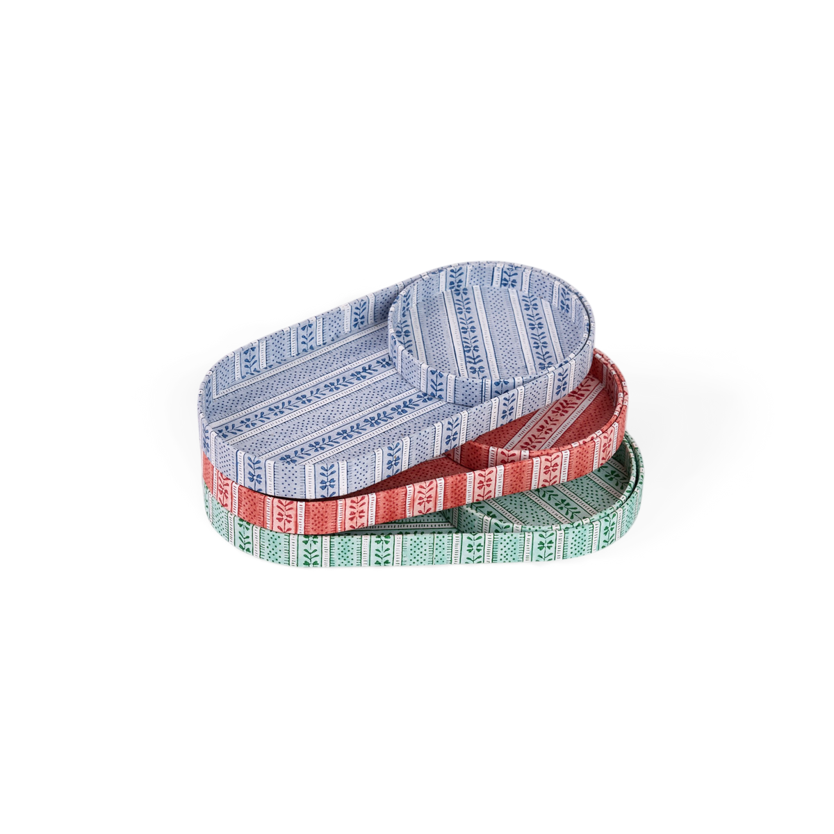 Harbor Blue Floral Stripe  – Hand Block Printed Tray Set (Set of 2) (Large: 4.5" x 9" x 1") (Small: 4" x 4" x 0.6")