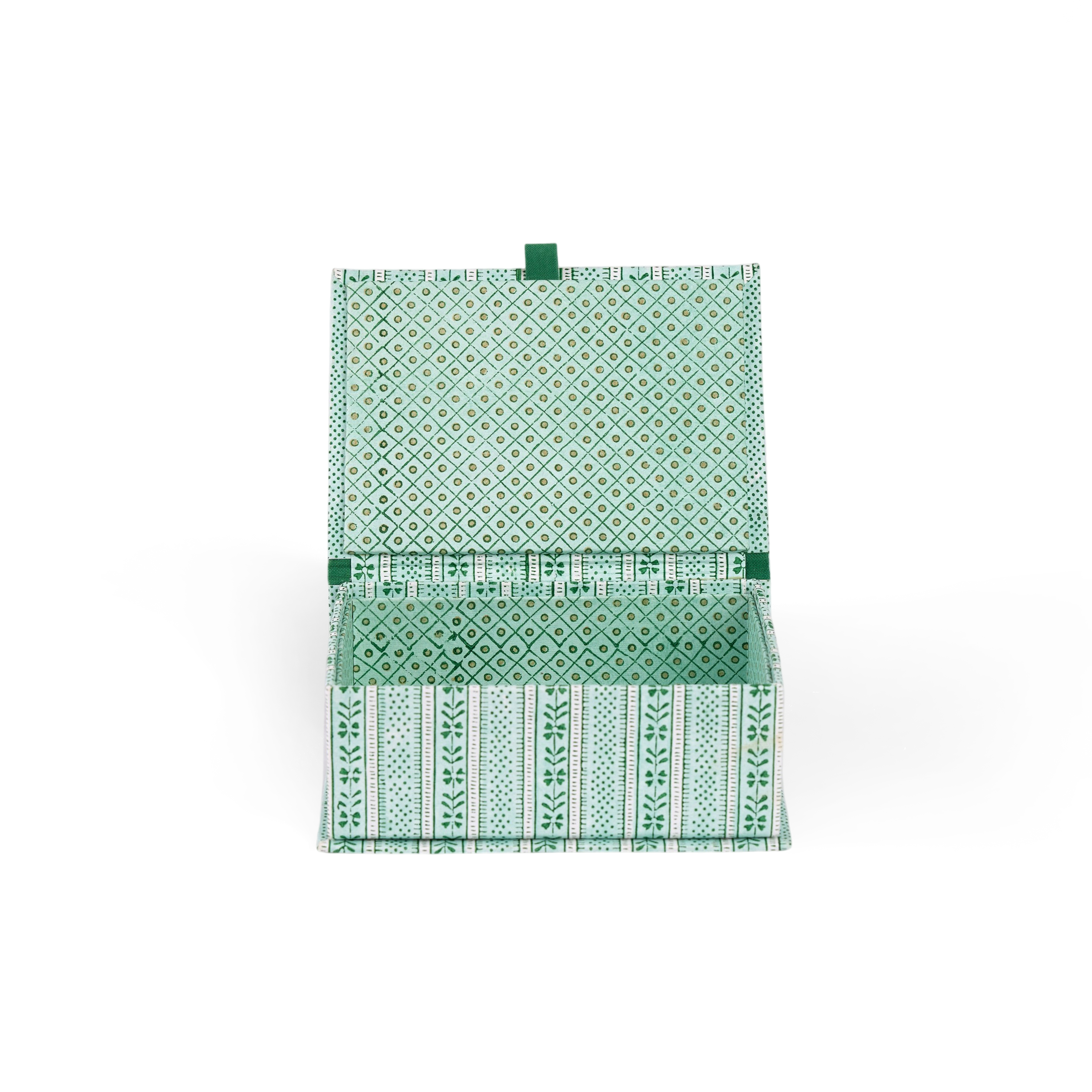 Celadon Green Floral Stripe – Hand Block Printed Keepsake Box (6.75” x 5” x 2.75” | 100% Recycled Cotton Paper)