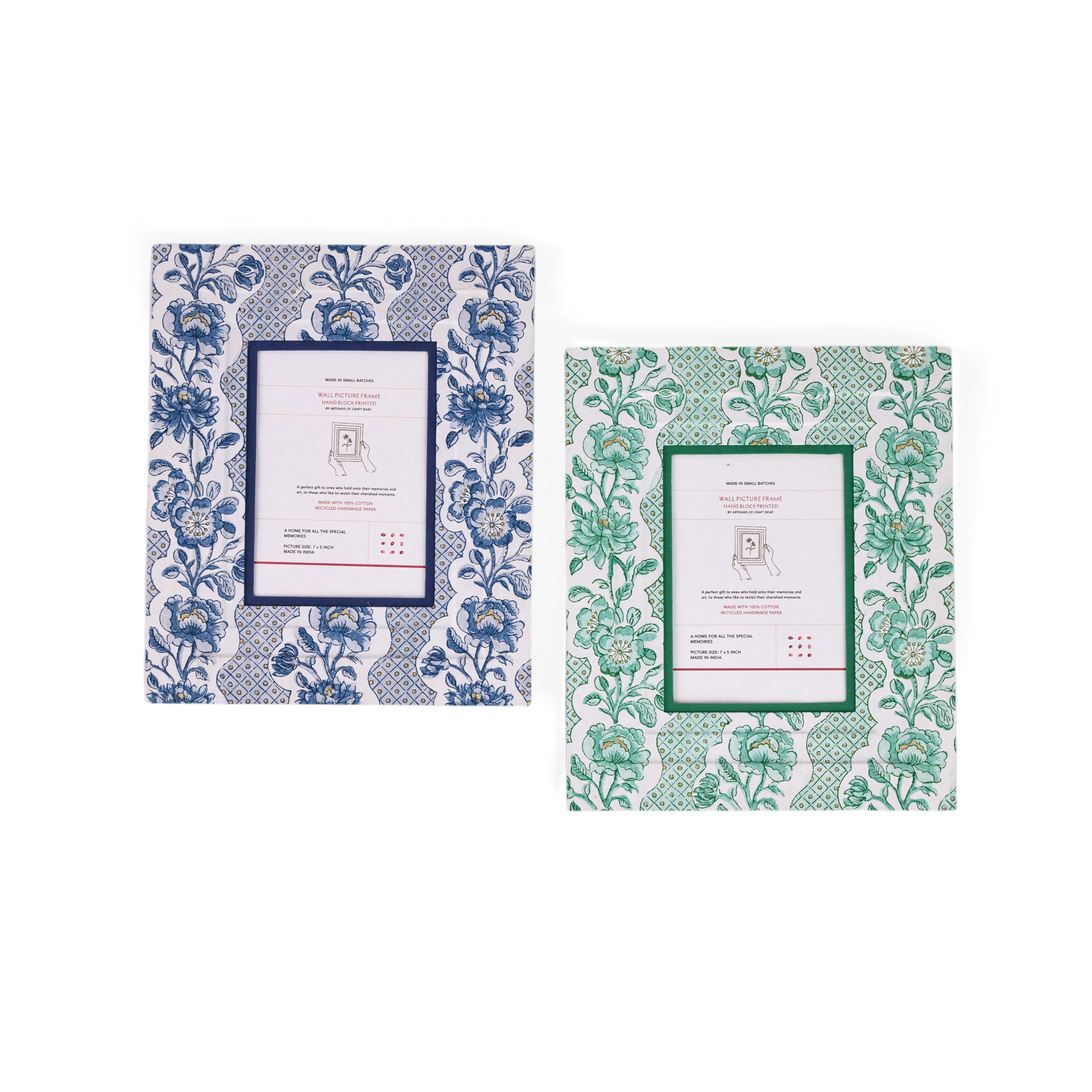 Celadon Green Blooming Trellis – Hand Block Printed Wall Picture Frame (12" x 10", fits 7" x 5" photo)