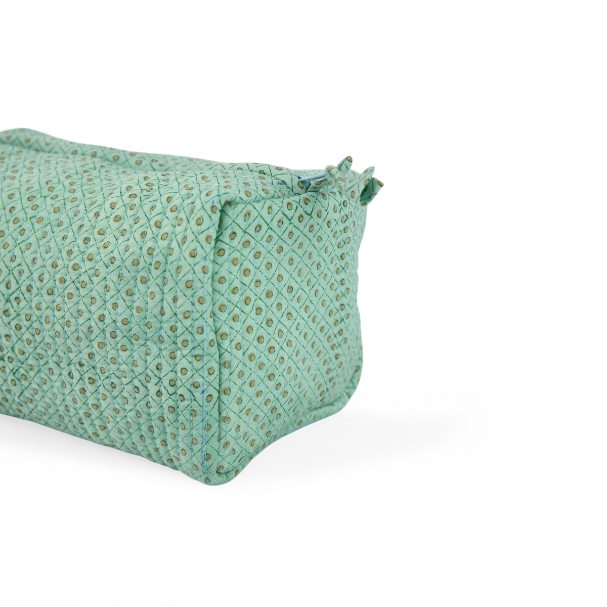 Celadon Green Dot & Grid – Hand Block Printed Quilted Beauty Bag (Medium – 8.5" x 4" x 3.5")