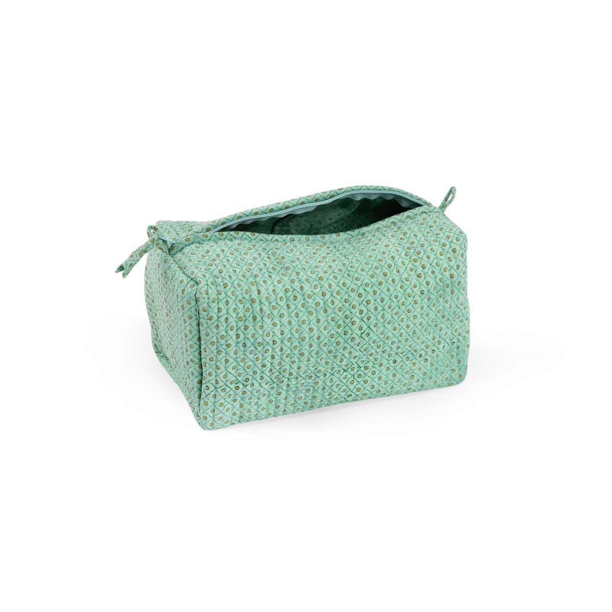 Celadon Green Dot & Grid – Hand Block Printed Quilted Beauty Bag (Medium – 8.5" x 4" x 3.5")
