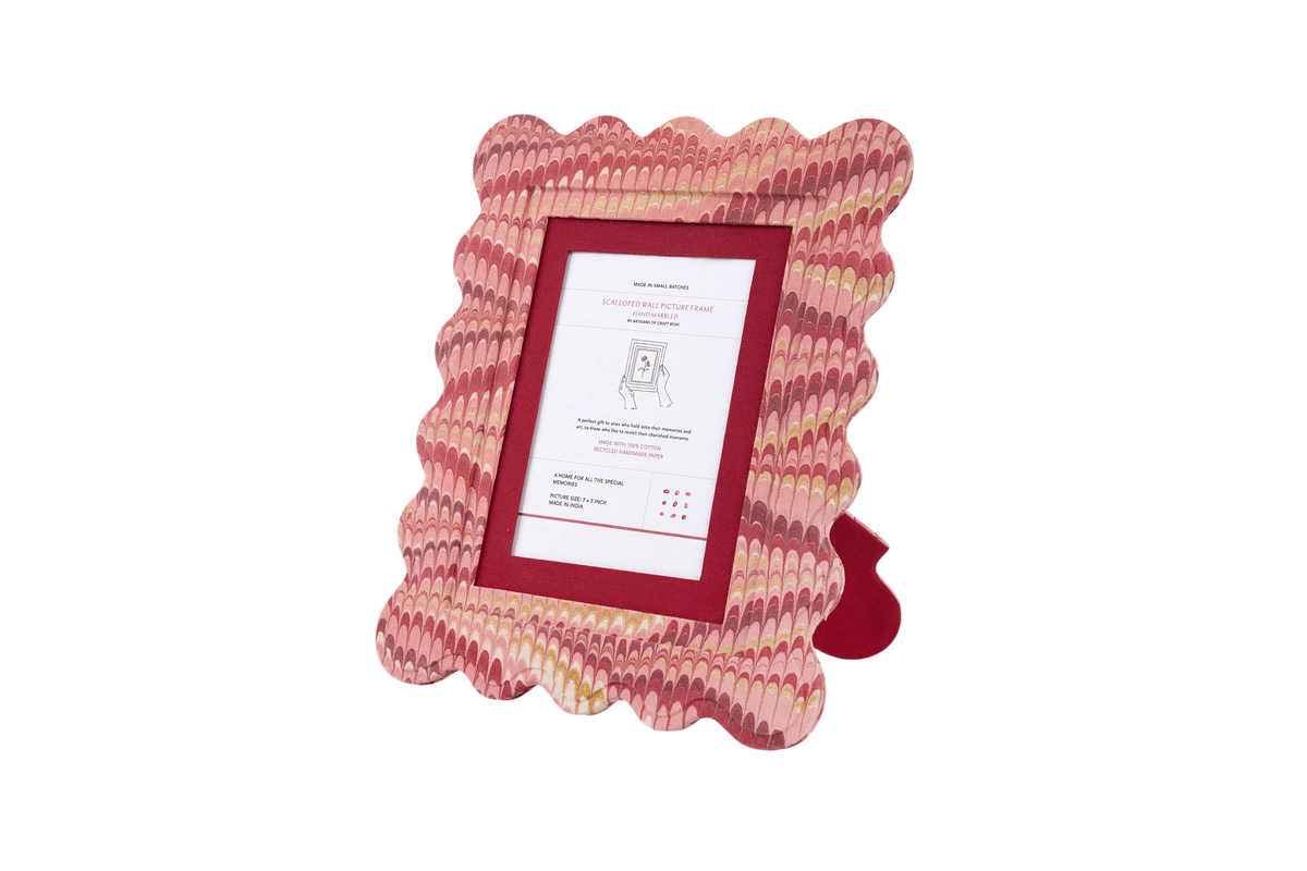 Garnet Red Mountain – Hand Marbled Scalloped Picture Frame  | 12" x 10", fits 7" x 5" photo