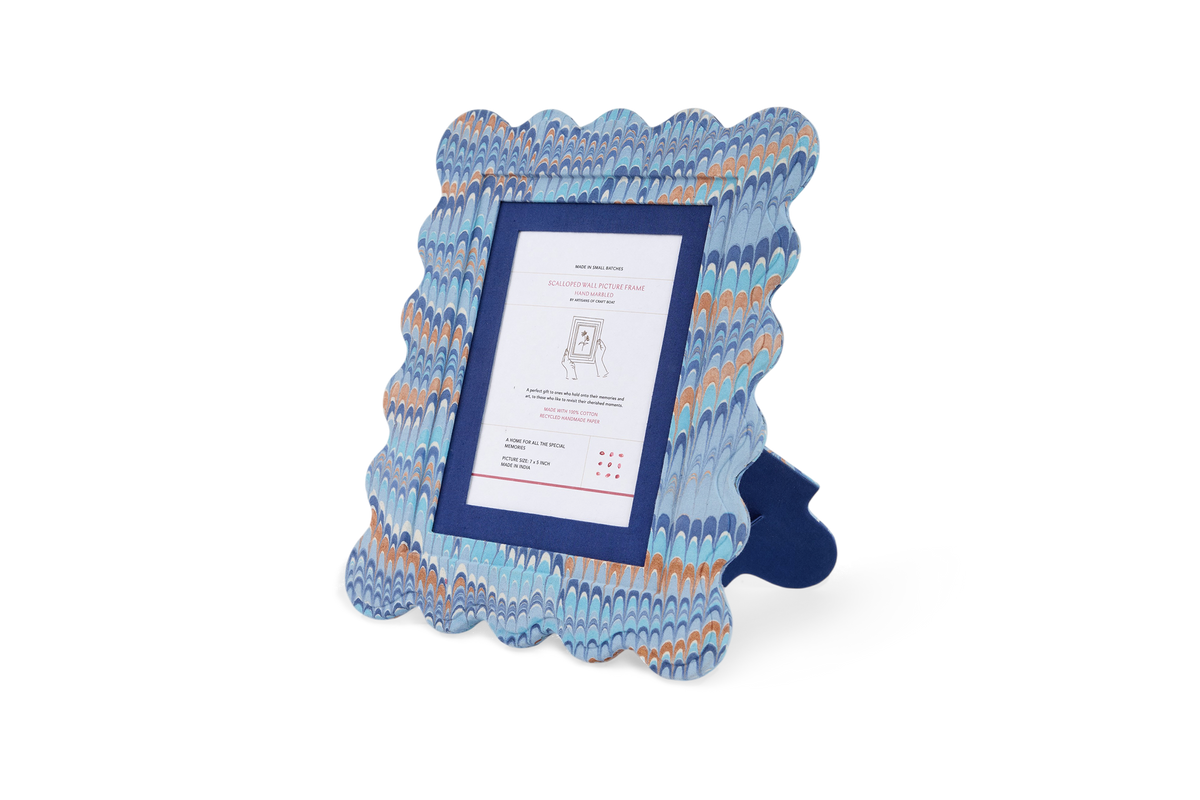Harbor Blue Mountain – Hand Marbled Scalloped Picture Frame  | 12" x 10", fits 7" x 5" photo