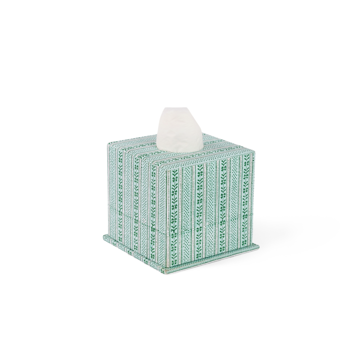 Celadon Green Floral Stripe – Hand Block Printed Tissue Box (5.25” H × 5” W × 5” D | 100% Recycled Cotton Paper)
