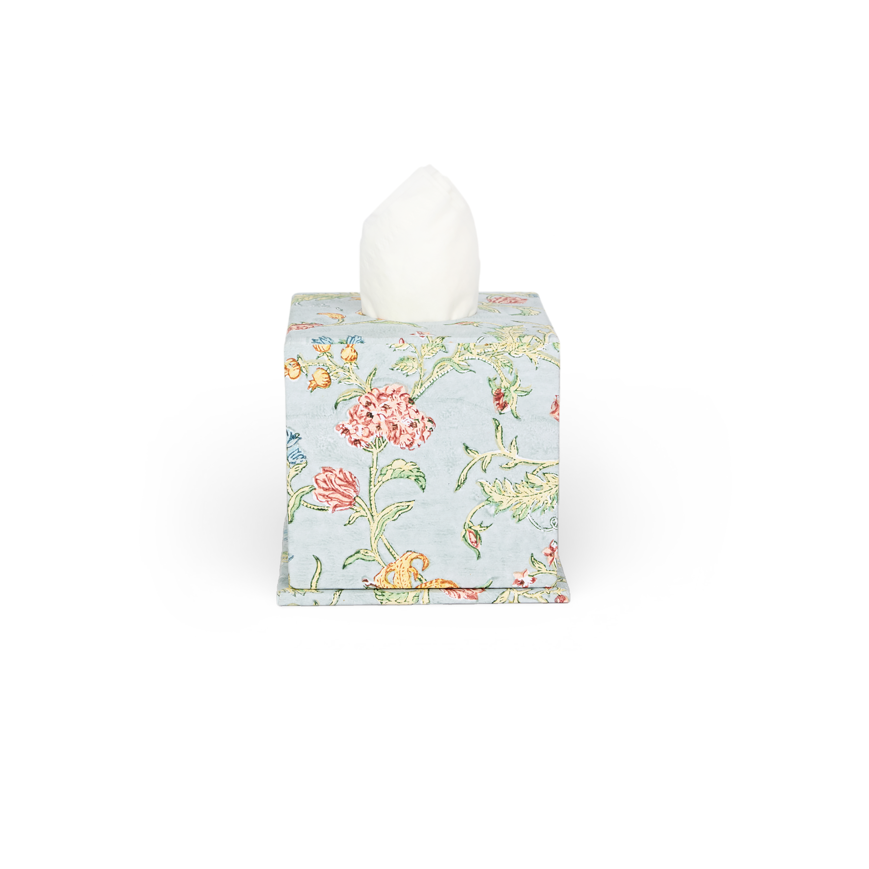 Spring Sky Garden – Hand Block Printed Tissue Box Cover (5.25” H x 5” W x 5” D)