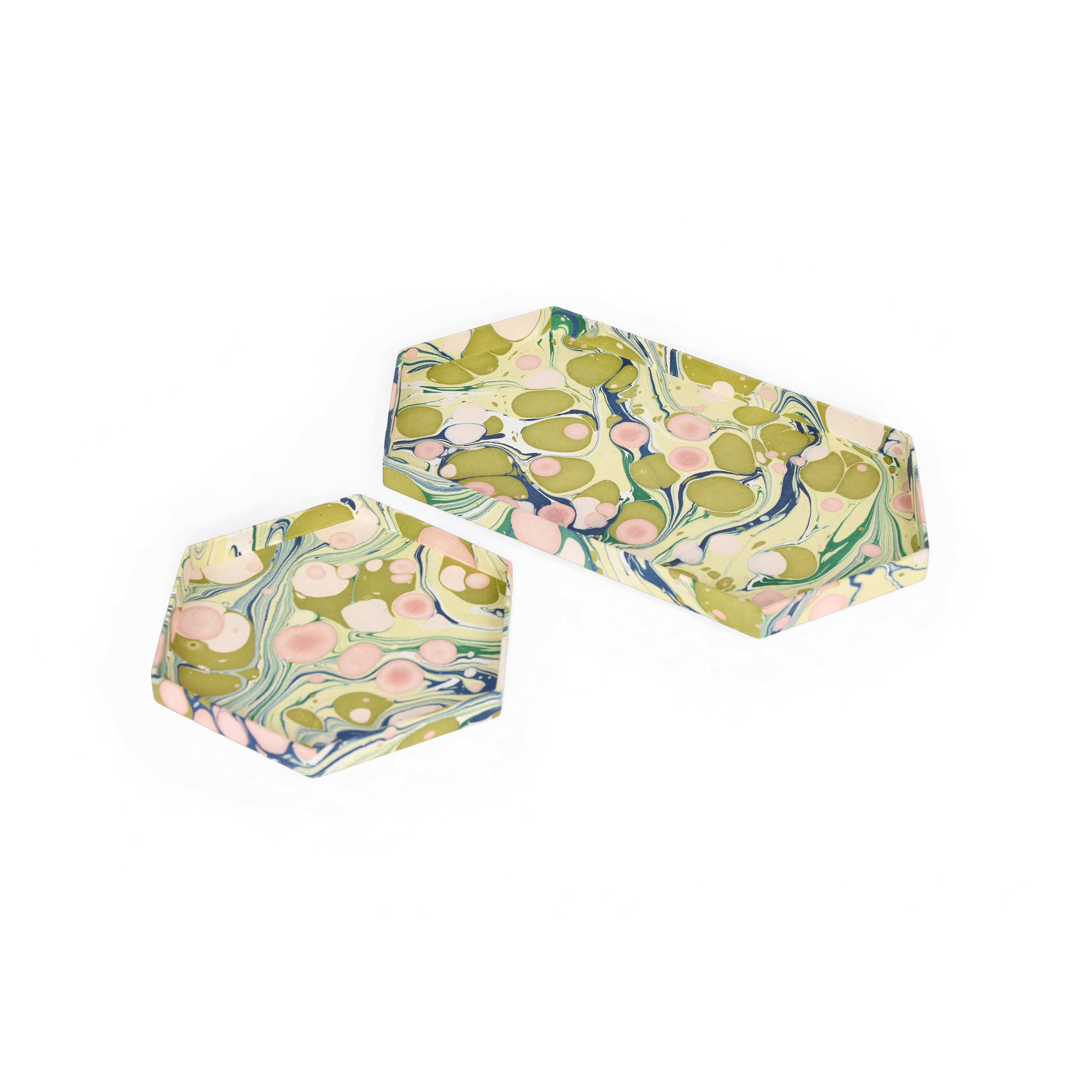 Meadow Stone – Hand Marbled Hexagon Tray Set (Set of 2) (Large: 13" x 7" x 0.75") (Small: 6.5" x 6.5" x 0.6")