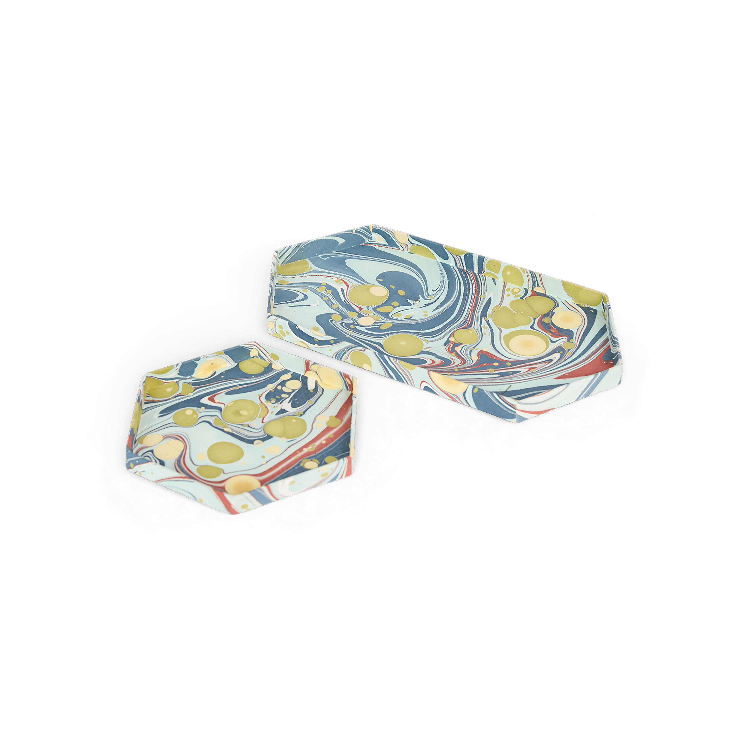 Ocean Stone – Hand Marbled Hexagon Tray Set (Set of 2) (Large: 13" x 7" x 0.75") (Small: 6.5" x 6.5" x 0.6")