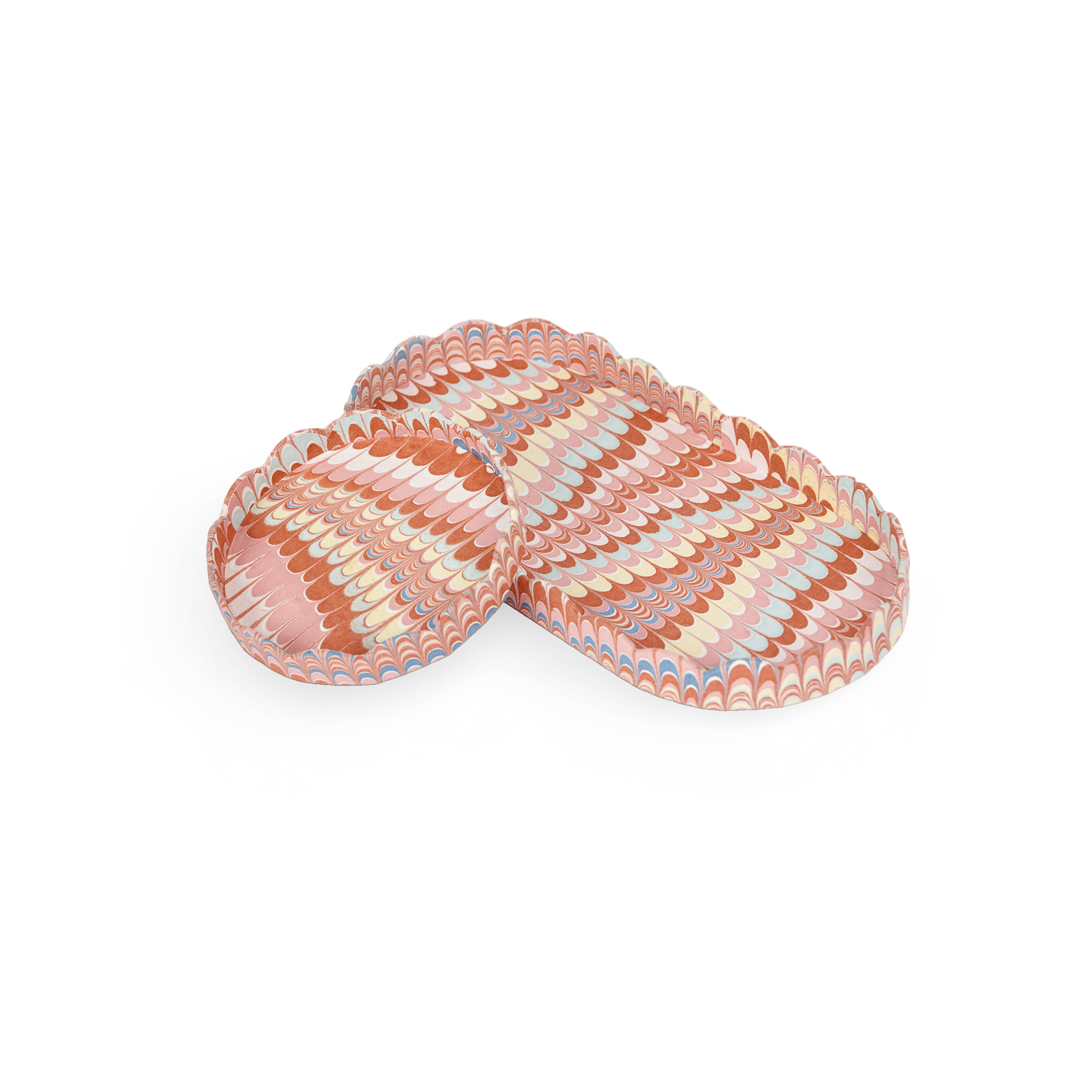 Sunset Wave – Hand Marbled Scalloped Tray Set (Set of 2) (Large: 4.5" x 9" x 1") (Small: 4" x 4" x 0.6")