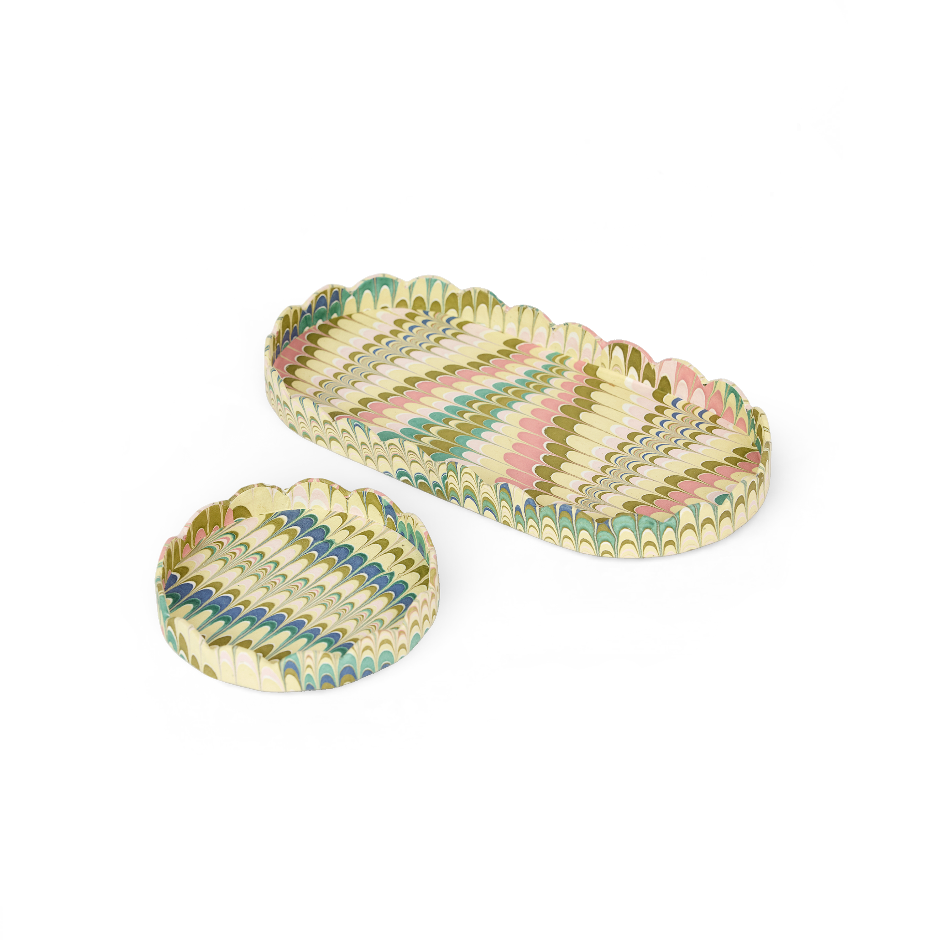 Meadow Wave – Hand Marbled Scalloped Tray Set (Set of 2) (Large: 4.5" x 9" x 1") (Small: 4" x 4" x 0.6")