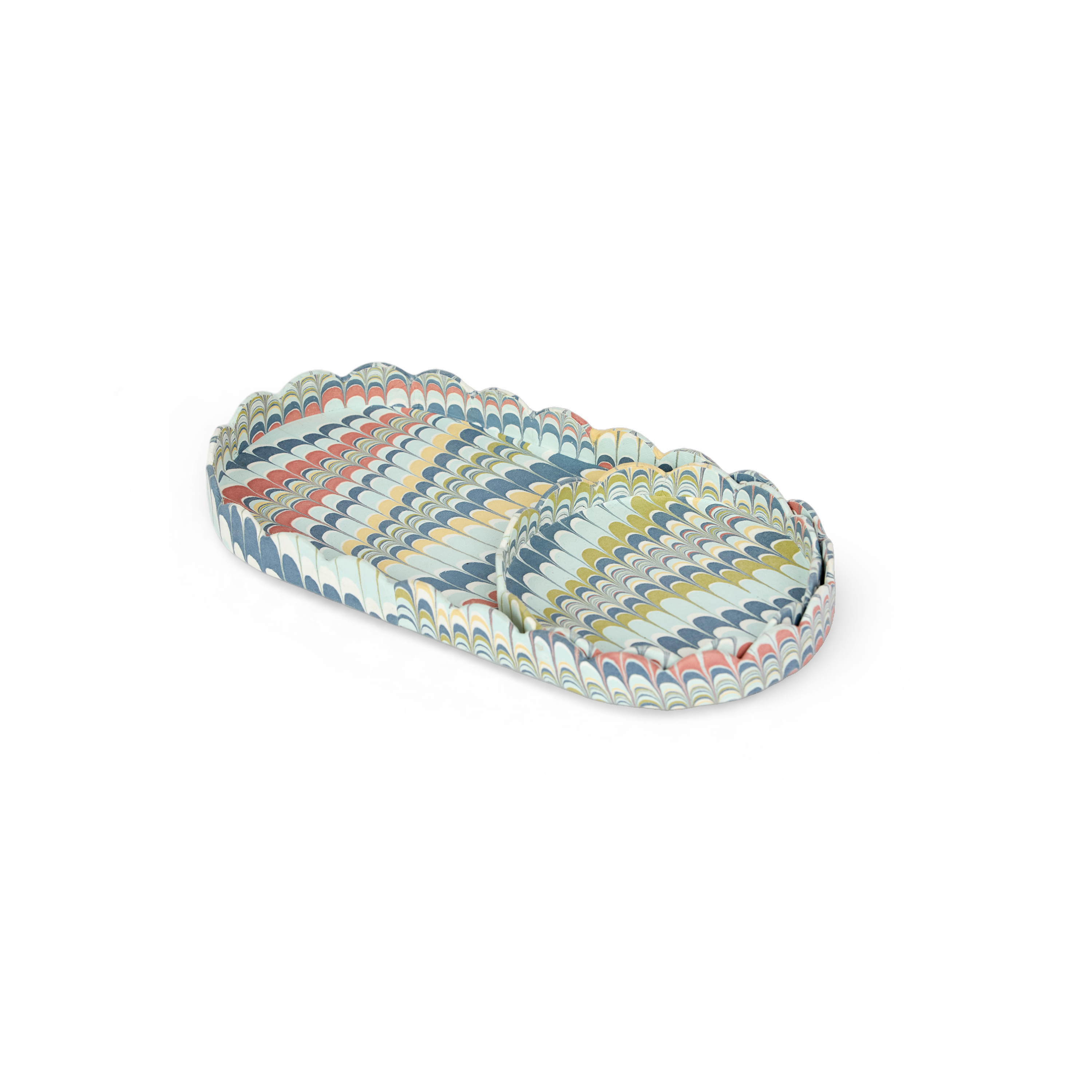 Ocean Wave – Hand Marbled Scalloped Tray Set (Set of 2) (Large: 4.5" x 9" x 1") (Small: 4" X 4" X 0.6")