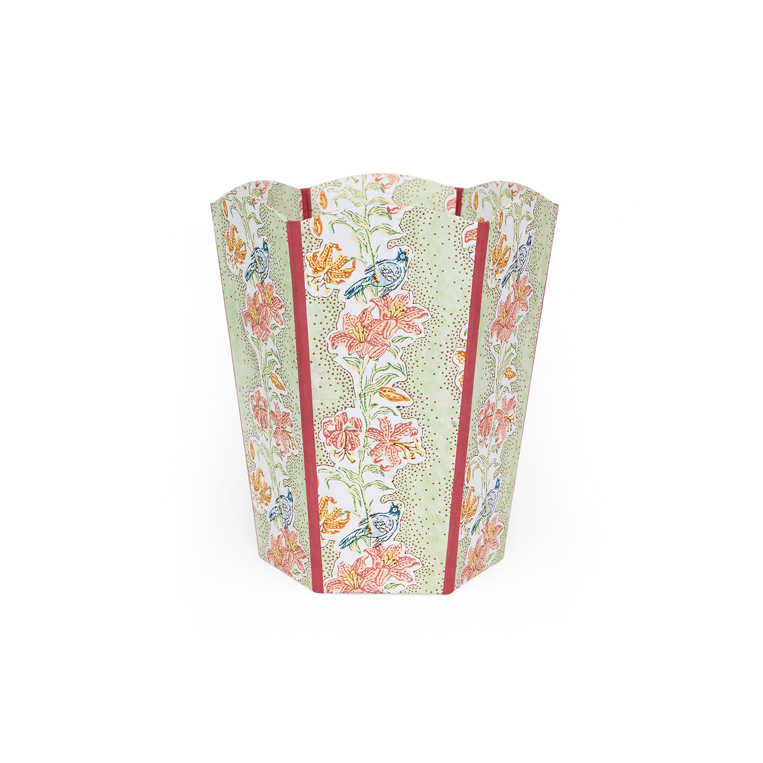 Parrot Garden – Hand Block Printed Scalloped Basket (9.5" W x 9.5" D x 12" H.)