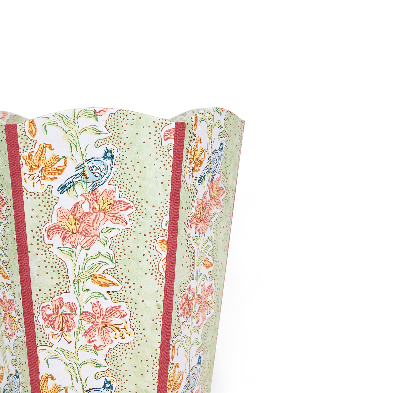 Parrot Garden – Hand Block Printed Scalloped Basket (9.5" W x 9.5" D x 12" H.)