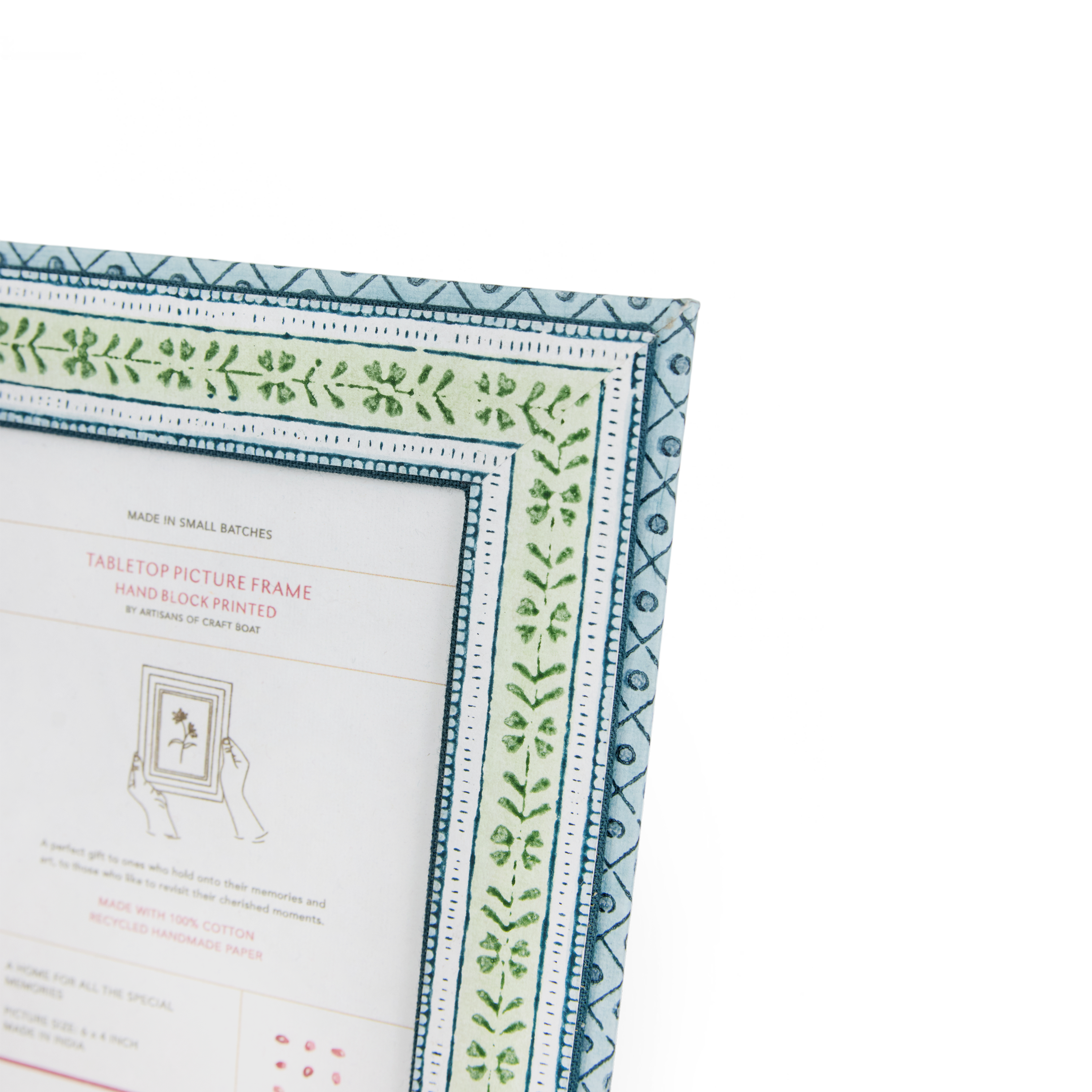 Leaf Trail – Hand Block Printed Tabletop Picture Frame (7.25" x 5.75", fits 6" x 4" photo)