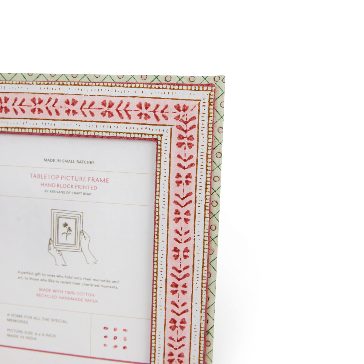 Rose Rhea – Hand Block Printed Tabletop Picture Frame (7.25" x 5.75", fits 6" x 4" photo)