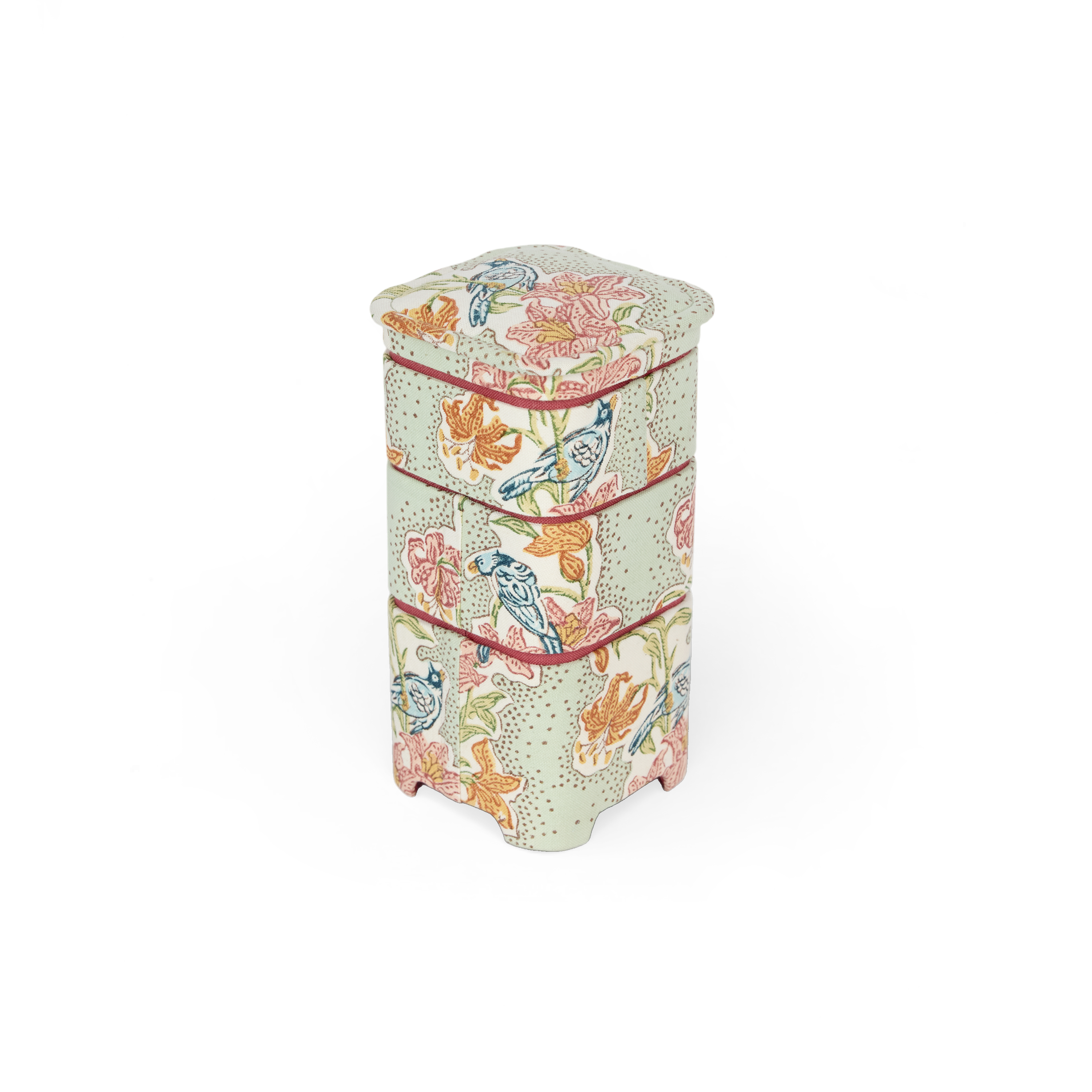 Parrot Garden – Hand Block Printed Jewellery Organizer Set  (4" × 4" × 8" | Set of 3)
