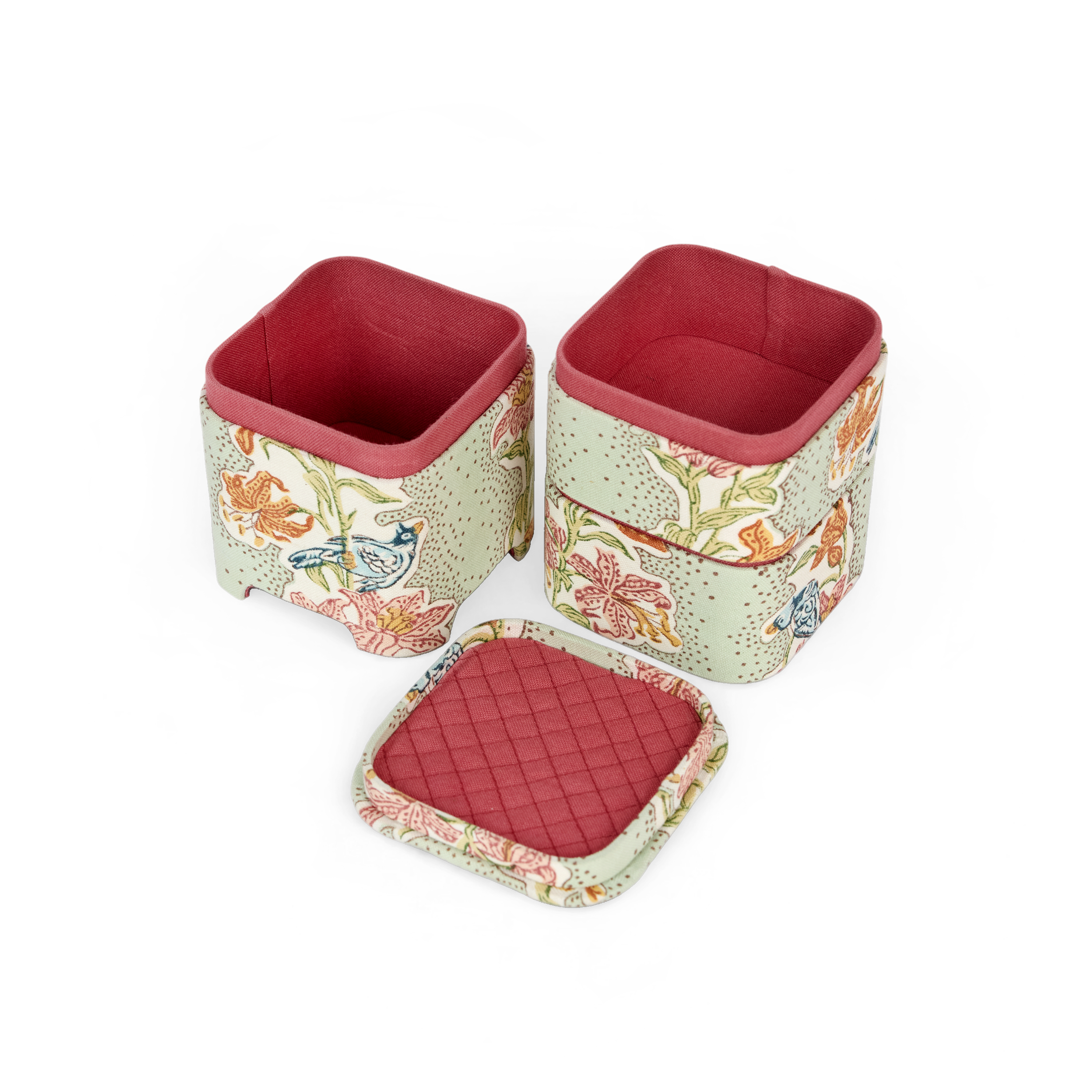 Parrot Garden – Hand Block Printed Jewellery Organizer Set  (4" × 4" × 8" | Set of 3)