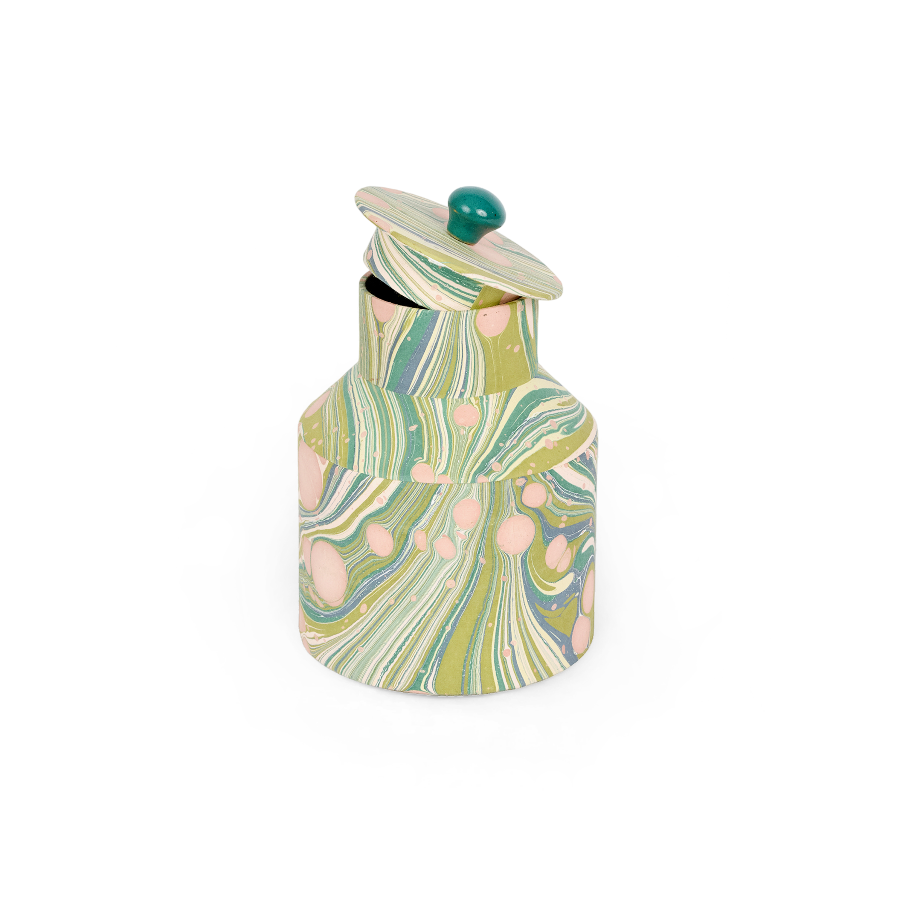 Meadow Swirl – Hand Marbled Storage Jar (7" x 4.5" x 4.5" | 100% Recycled Cotton Paper)