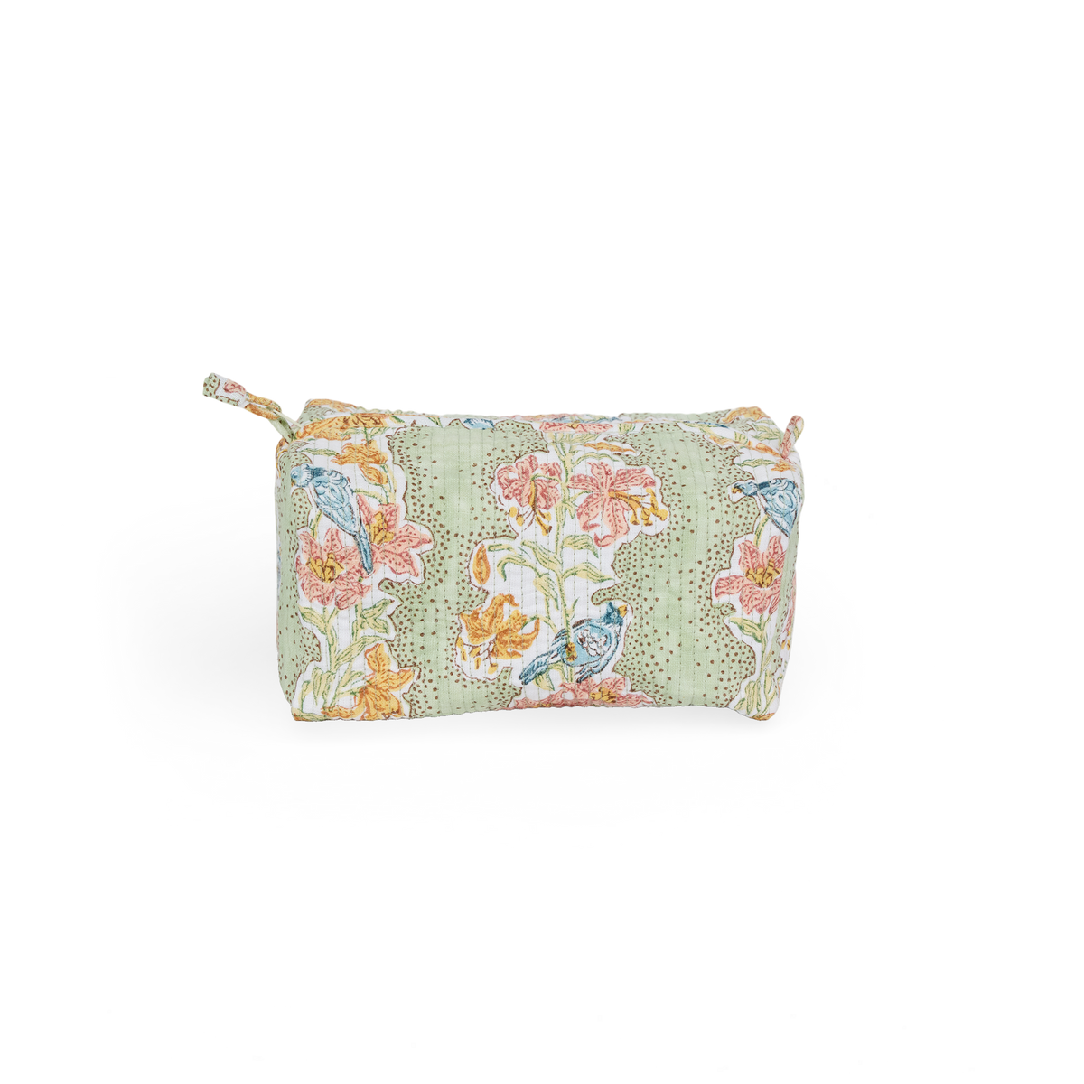 Parrot Garden – Quilted Beauty Bag  Medium – 8.5" × 4" × 3.5"