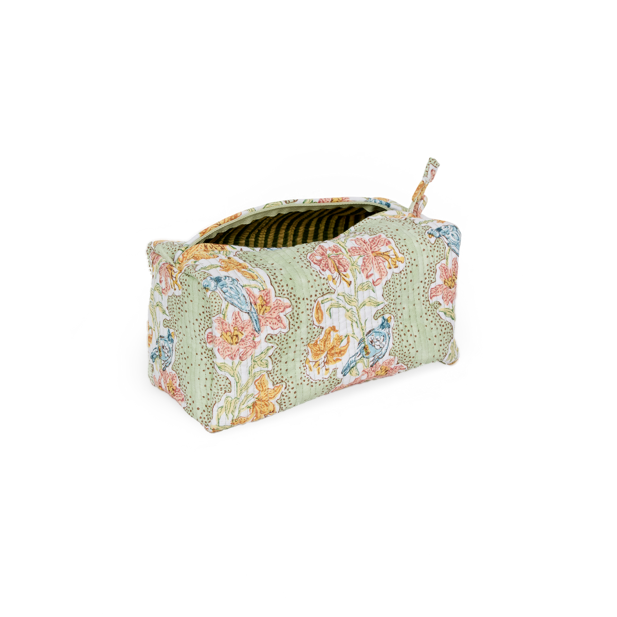 Parrot Garden – Quilted Beauty Bag  Medium – 8.5" × 4" × 3.5"
