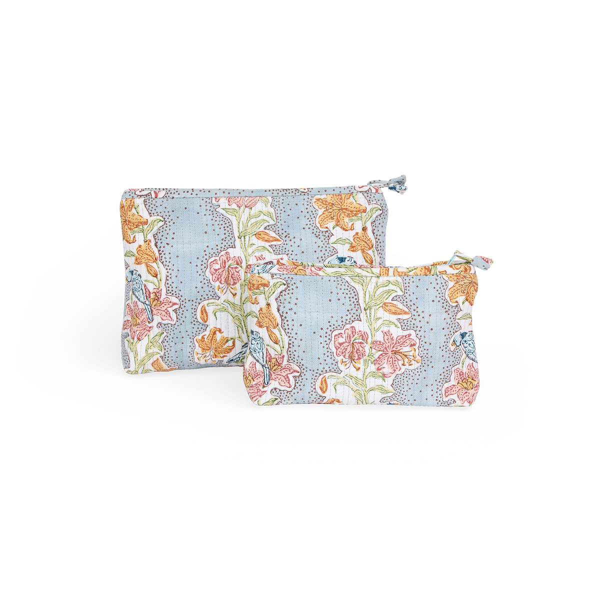 Sky Garden – Hand Block Printed Quilted Cotton Pouch  Large – 9.5" × 6.5" × 3"