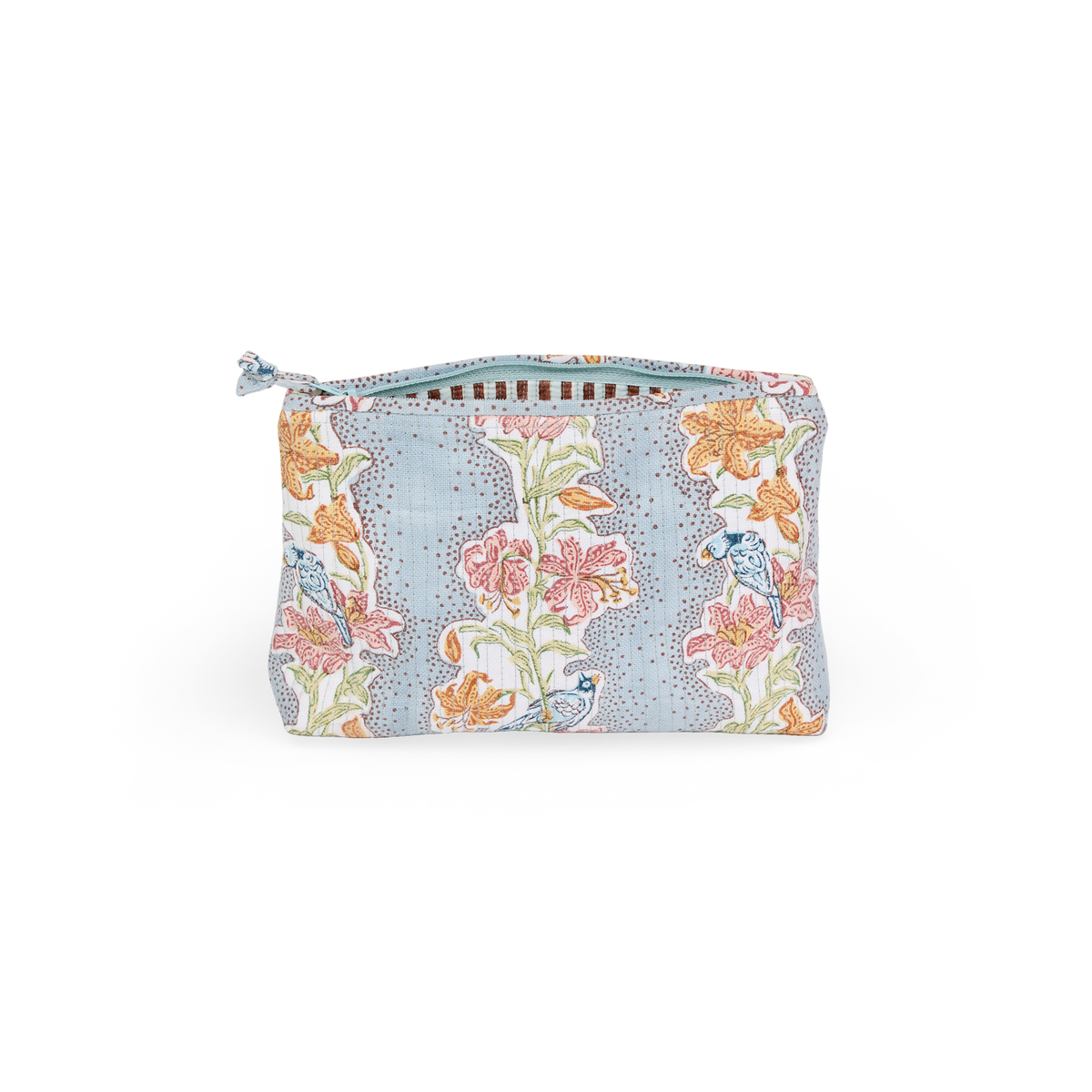 Sky Garden – Hand Block Printed Quilted Cotton Pouch  Large – 9.5" × 6.5" × 3"