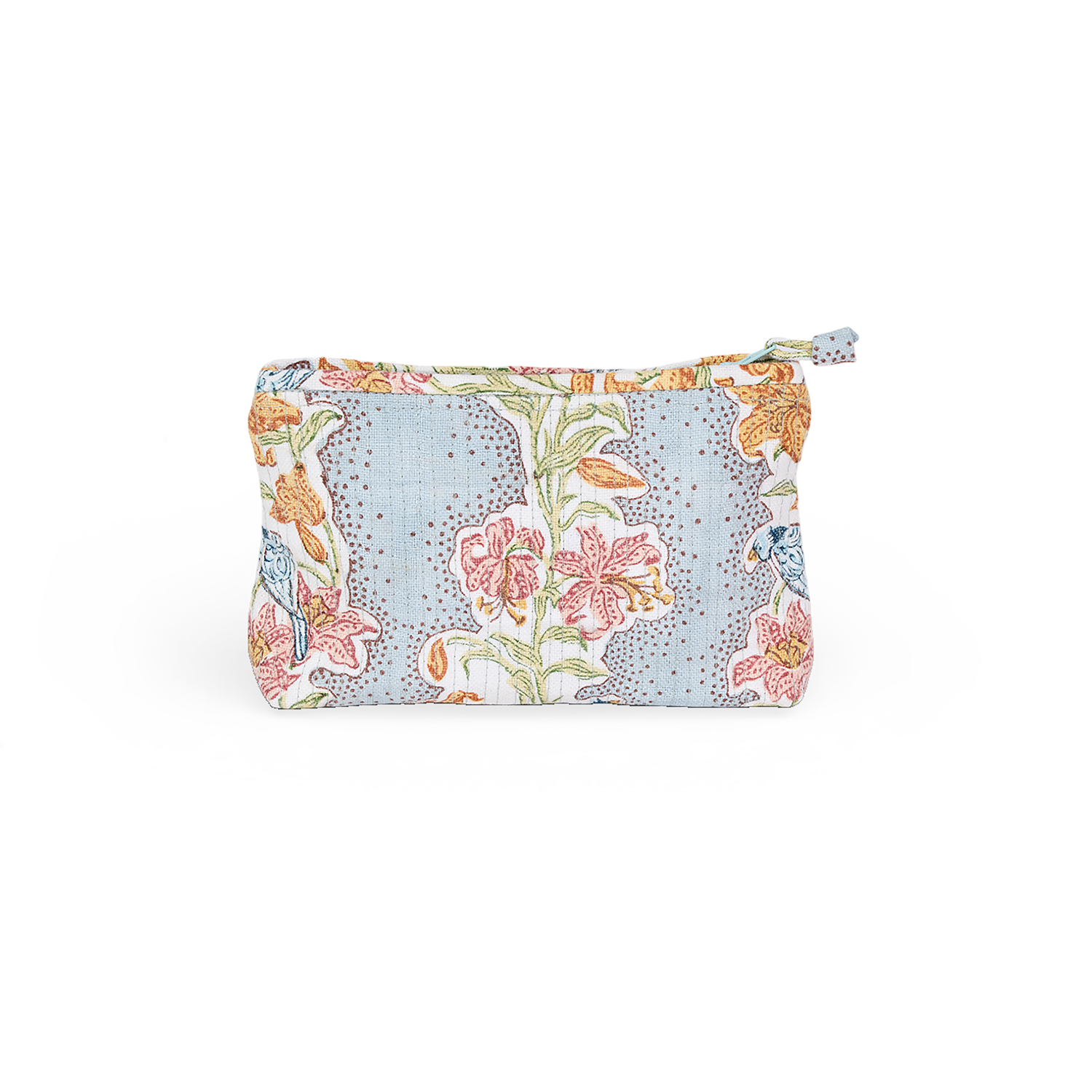 Sky Garden – Hand Block Printed Quilted Cotton Pouch  (Small – 7.5" × 4.5" × 2")