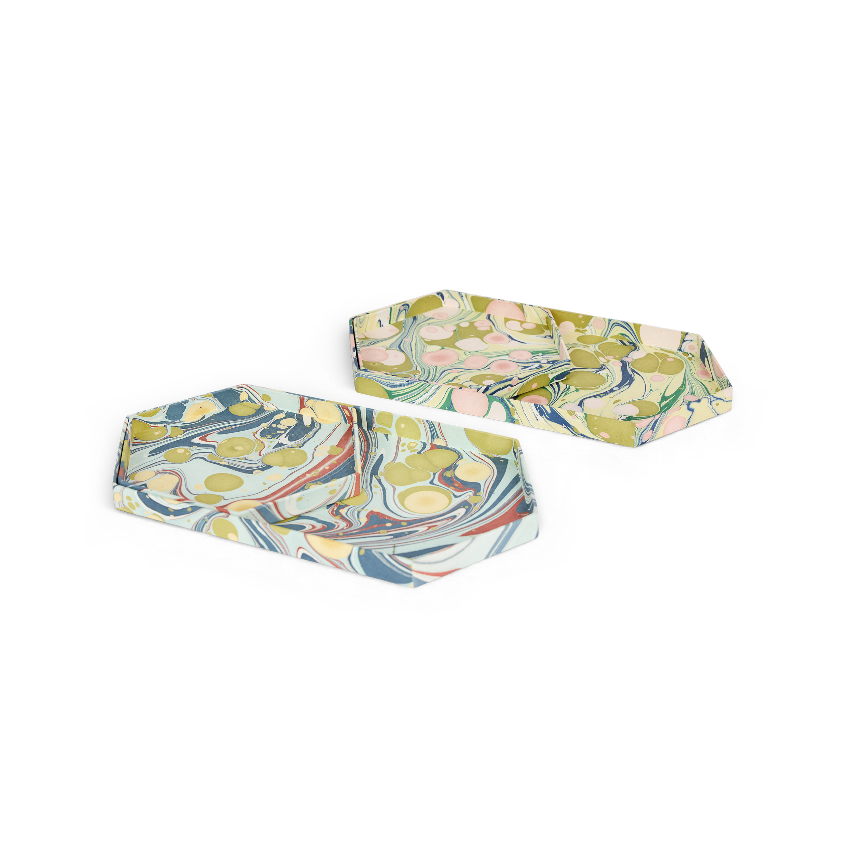 Ocean Stone – Hand Marbled Hexagon Tray Set (Set of 2) (Large: 13" x 7" x 0.75") (Small: 6.5" x 6.5" x 0.6")