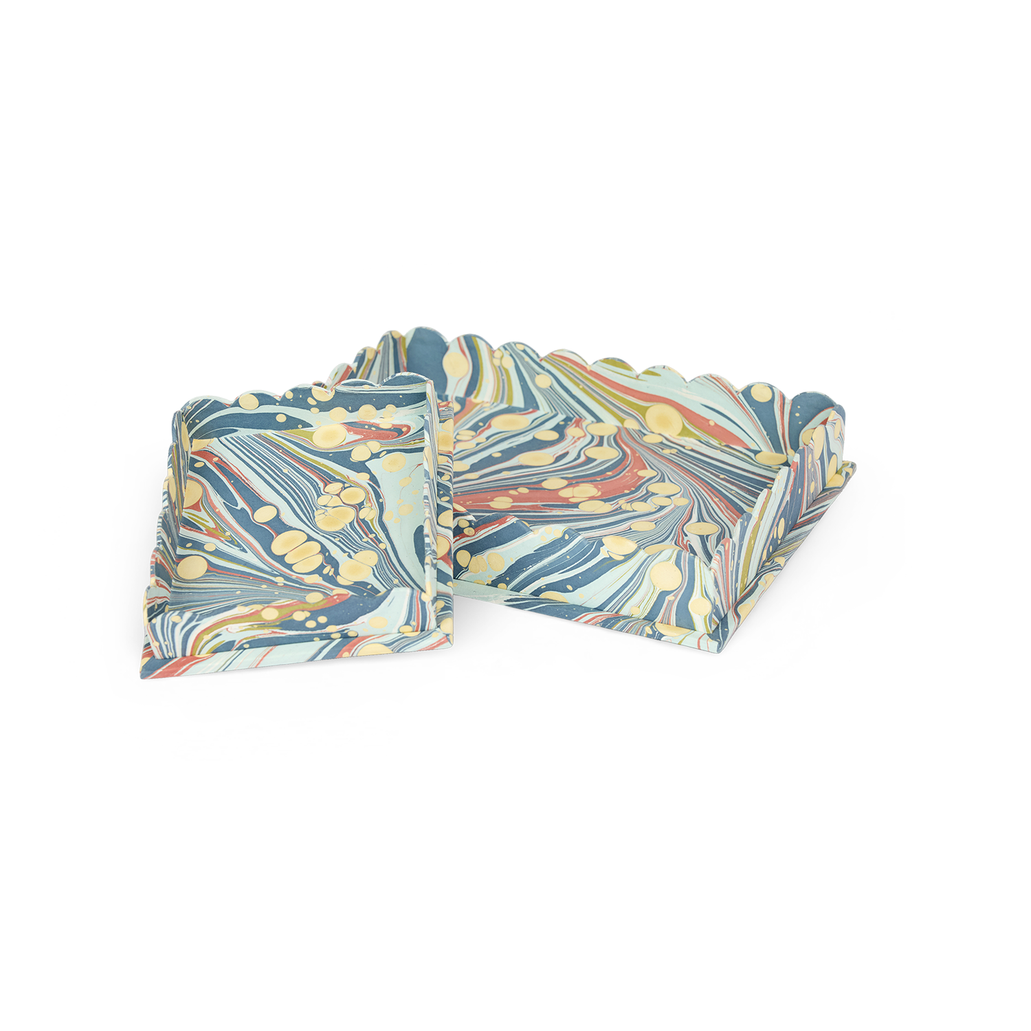 Ocean Swirl – Hand Marbled Scalloped Tray (Set of 2) 12" x 9.5" x 1.5"